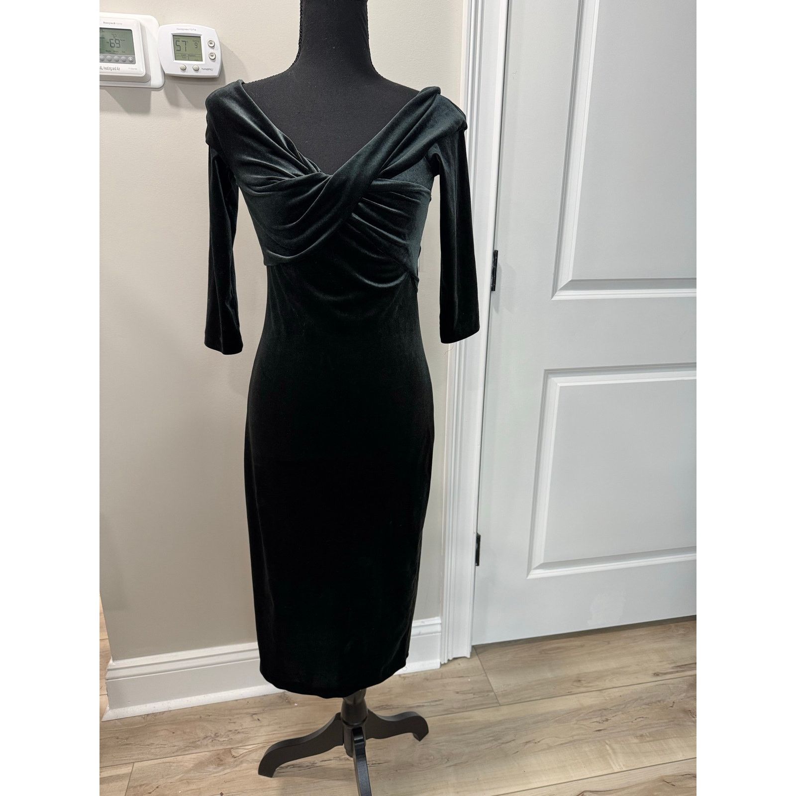 slim fit dress slacks ZARA Forest Green Off-the-Shoulder Midi Bodycon Dress