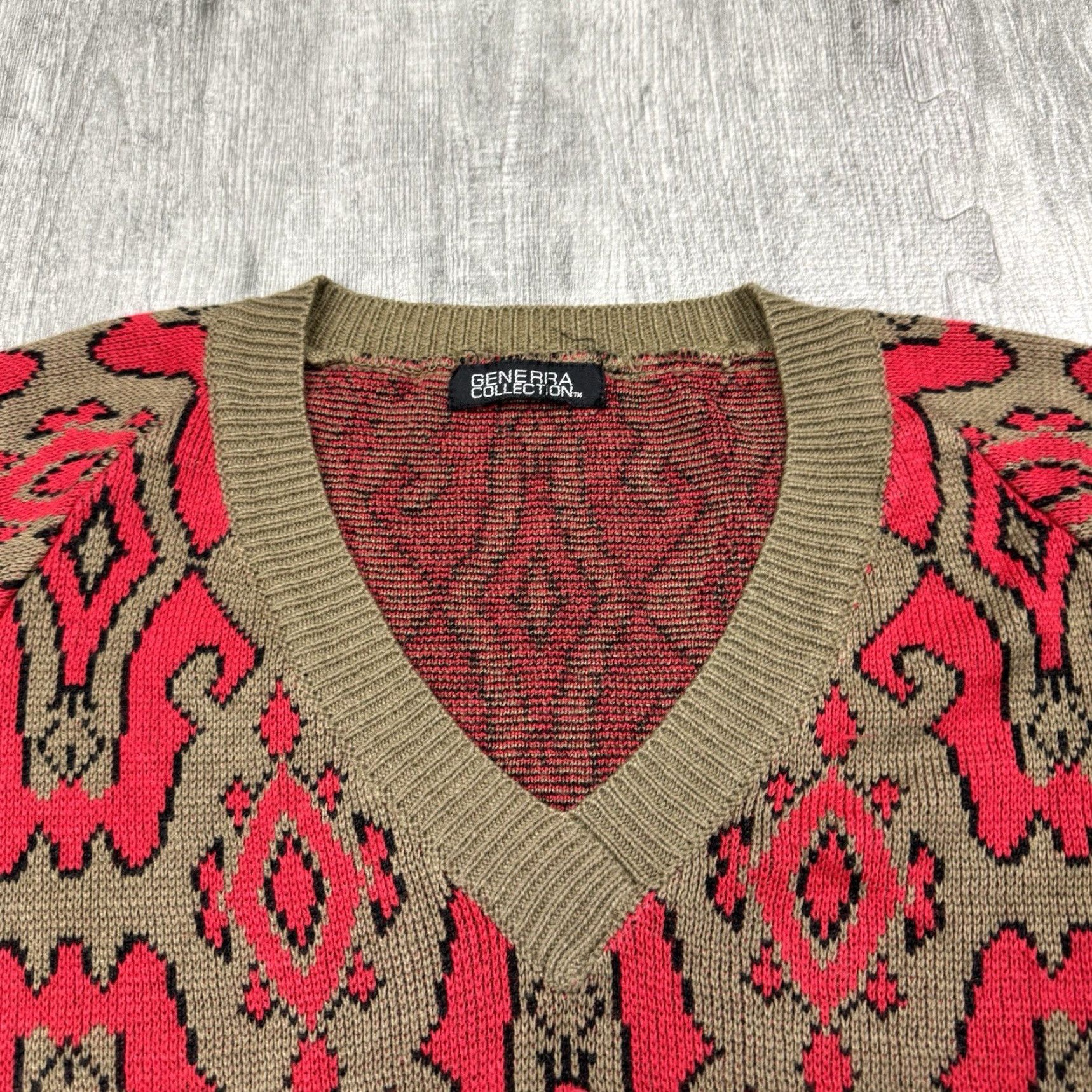 VINTAGE Generra 90s Abstract Knit V-Neck Sweater Oversized Black L Womens