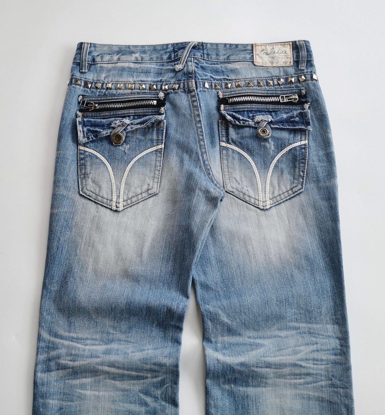 Kapital Lolita Studded Zipper Distressed Washed Blue Denim Jeans Size US 37 - 2 Thumbnail