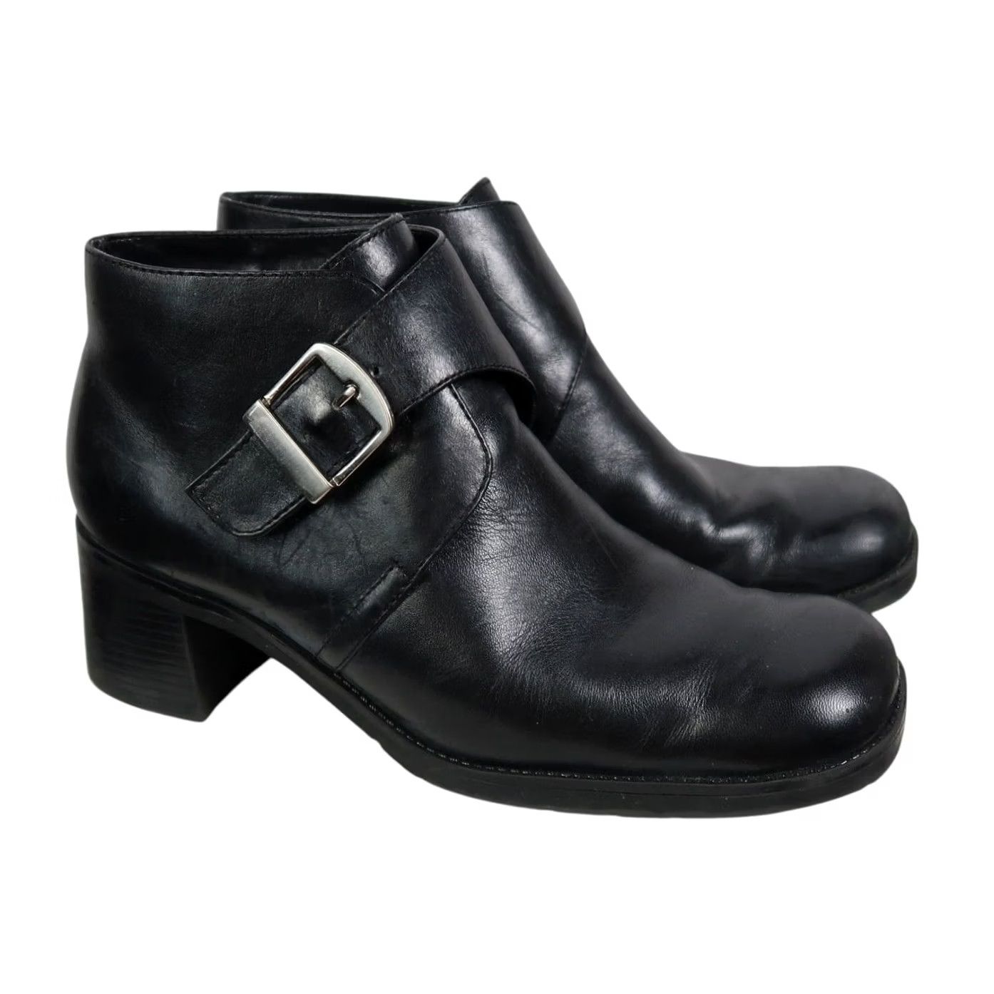 Vintage White Mountain Bootie Black Leather Chunky Heel 2" Buckle Ankle Boots 8 Womens 90s casual Size US 8 / IT 38 - 2 Thumbnail