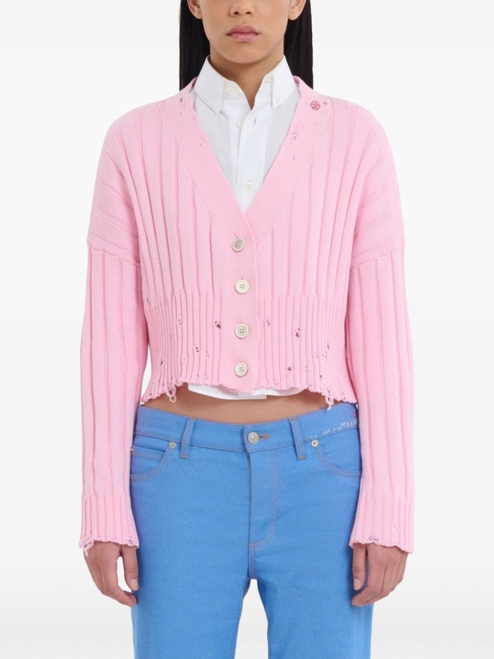 Marni o1f1d3z0725 Distressed Cropped Cotton Cardigan in Pink Size S / US 4 / IT 40 - 3 Thumbnail