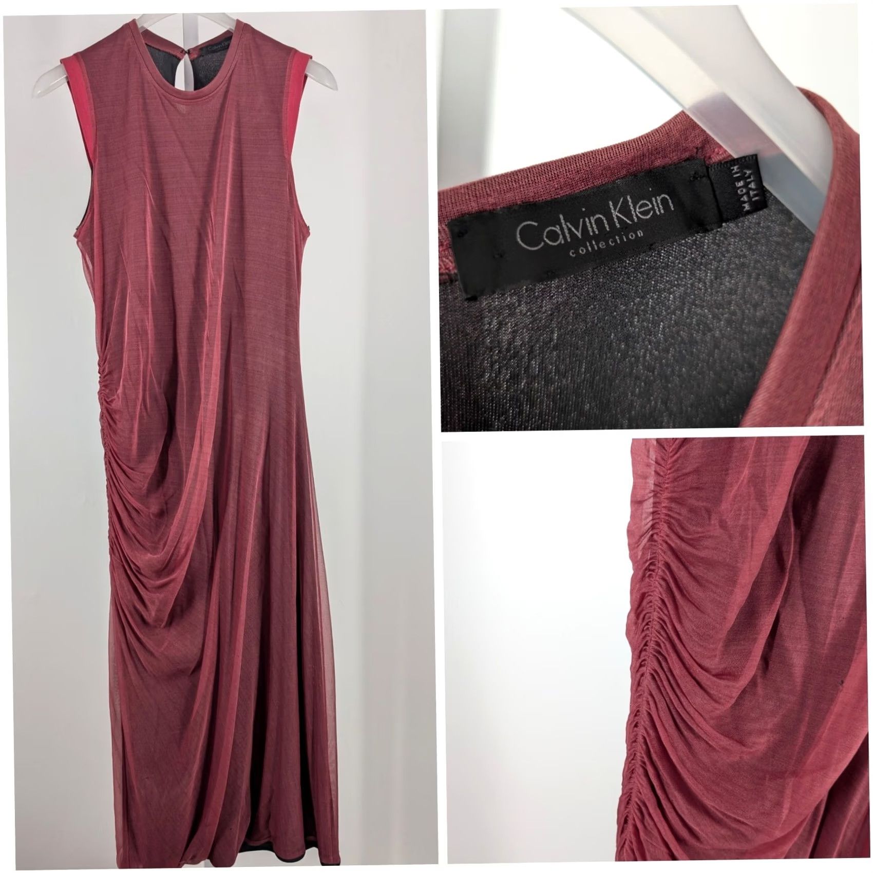 Vintage VINTAGE Calvin Klein Collection Silk Ruched Midi Dress Burgundy 6 Italy Runway Dress Size M / US 6-8 / IT 42-44 - 2 Thumbnail