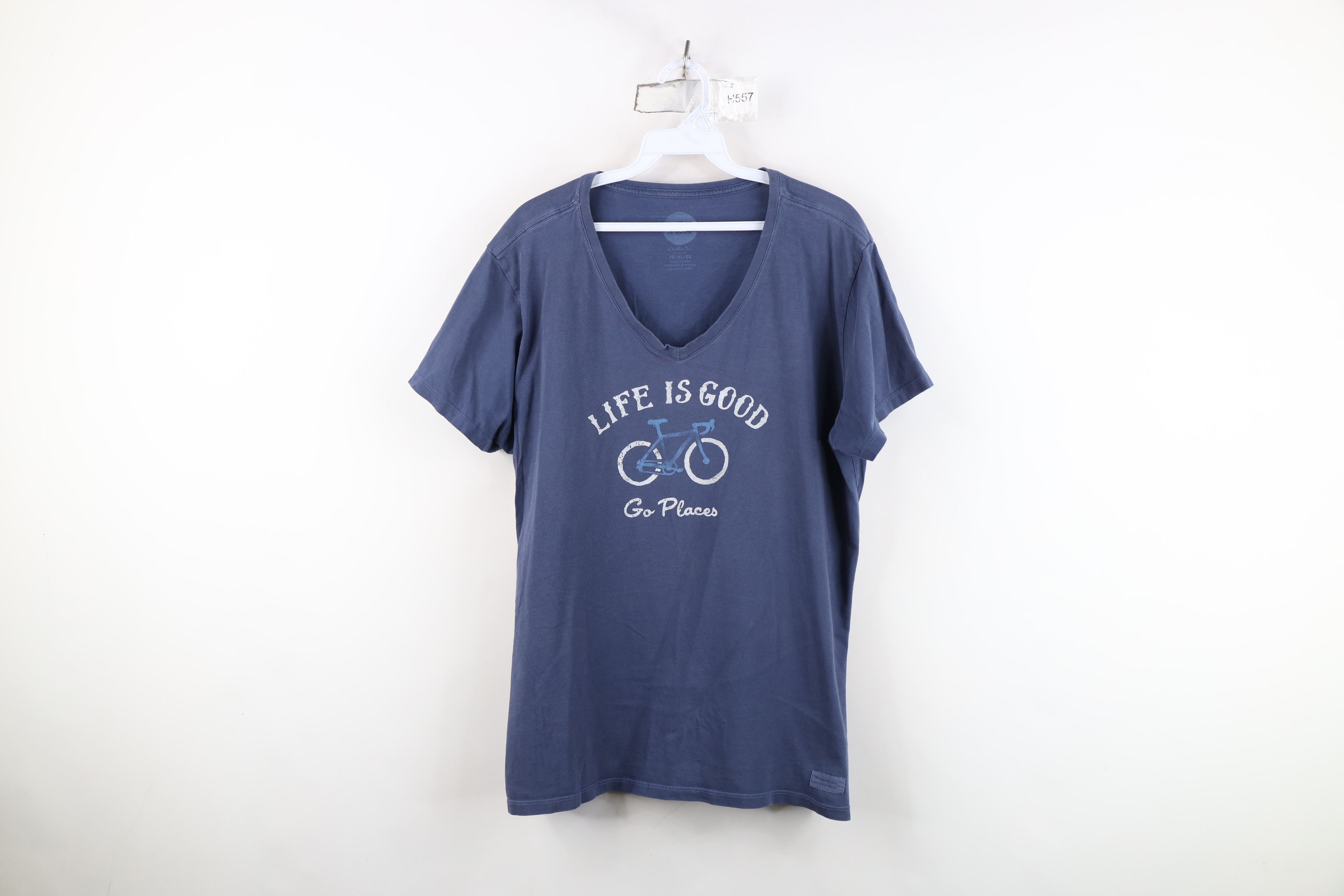 Life is Good Life is Good Go Places Bicycle Cycling V-Neck T-Shirt Blue Size XL / US 12-14 / IT 48-50 - 1 Thumbnail