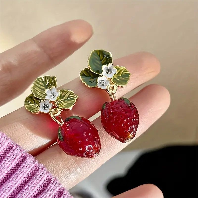 Other Strawberry Drop Earrings–Cute Enamel Fruit Earrings w/ Leaf Size ONE SIZE - 1 Thumbnail