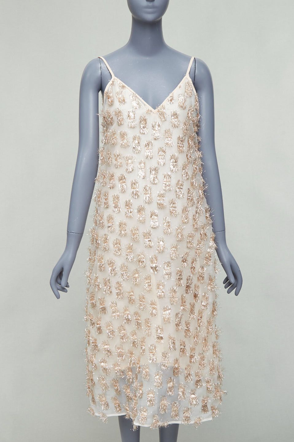 RAEY RAEY Long Day gold tinsel nude silk spaghetti strap midi dress UK8 S Size S / US 4 / IT 40 - 1 Thumbnail