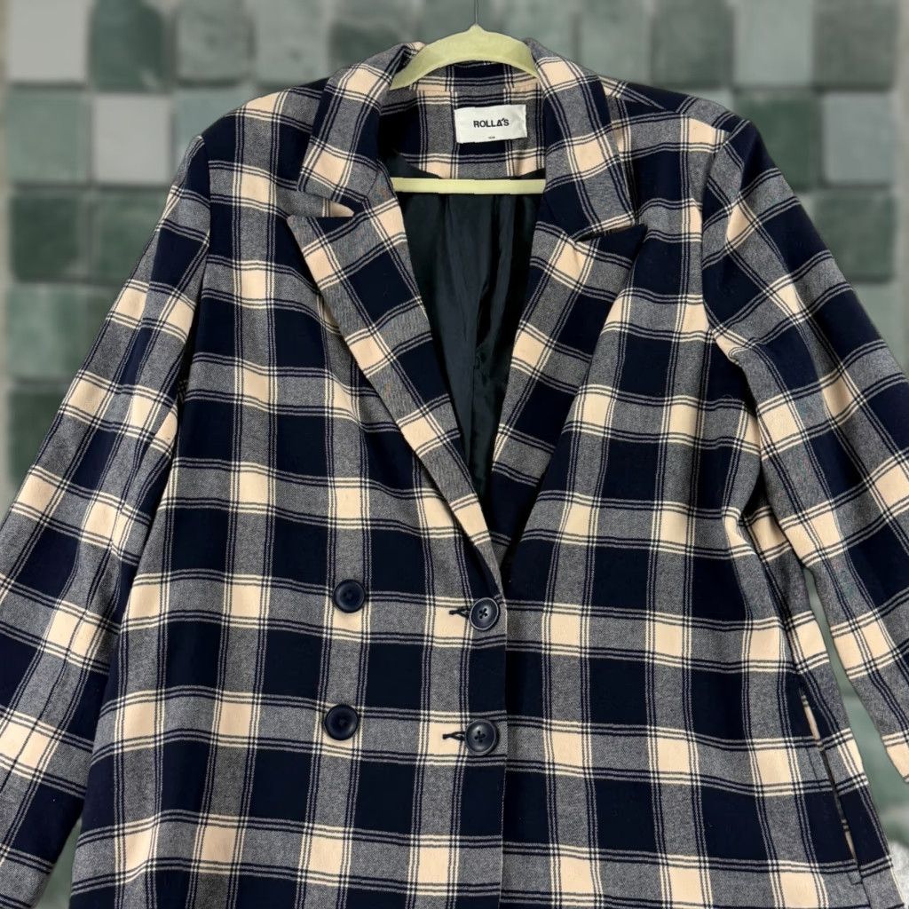 Rolla's Rolla's Check Slouch Blazer Womens Medium Blue Cream Long Sleeve Button Front Blazer Size M / US 6-8 / IT 42-44 - 1 Thumbnail