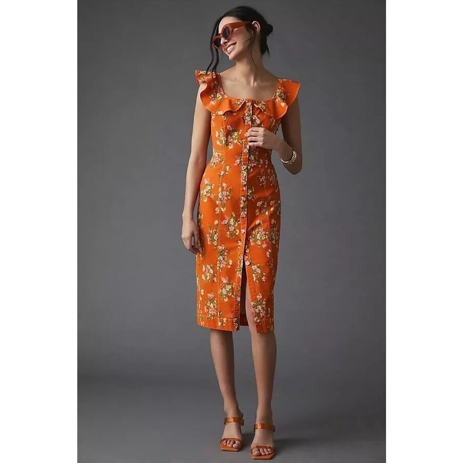 Anthropologie Anthropologie Buttondown Magic Fabric Midi Orange Dress XXSP Size XXS / US 00 / IT 34 - 1 Thumbnail