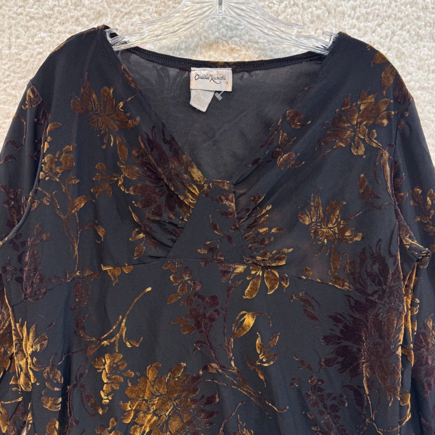 Vintage VINTAGE 1990s Claudia Richard Shirt XL Black Floral Slinky Stretch Long Sleeve V-Neck Boho Grunge Mens? Size XL / US 12-14 / IT 48-50 - 3 Thumbnail