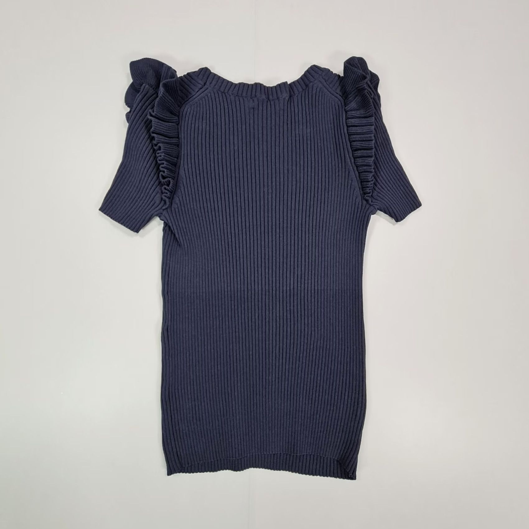 Cinq a Sept 5 a 7 Cinq a sept Womens T-Shirt XS Navy Blue Ribbed Knit Short Sleeve Crew Neck Pullover Logo Basic Casual Size XS / US 0-2 / IT 36-38 - 4 Thumbnail
