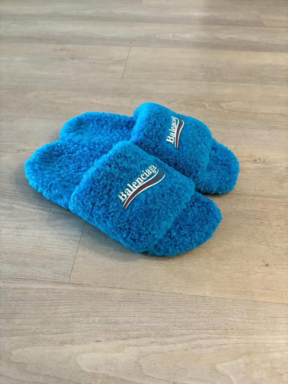 Furry Faux Fur Slide Sandals in Blue
