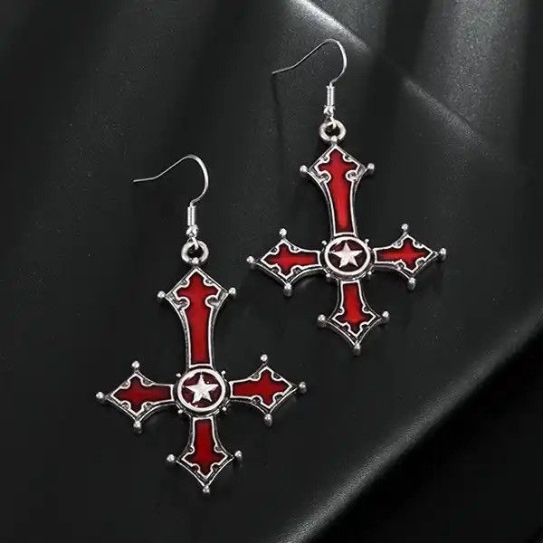 Jewelry × Vintage Blood Red Gothic Inverted Cross Earrings Size ONE SIZE - 2 Thumbnail