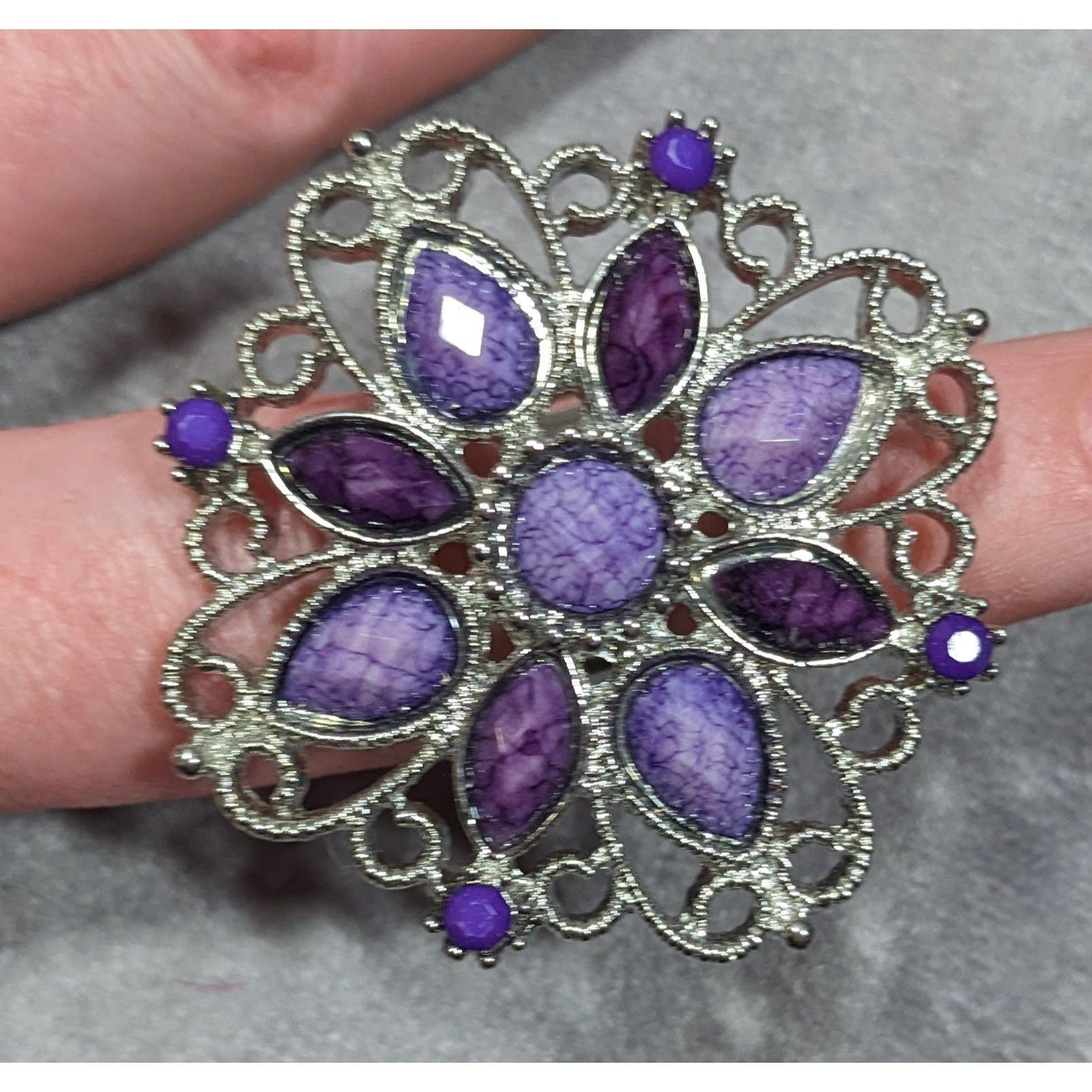 Other Fantasy Chunky Floral Silver Tone Ring With Purple Stones Ad Size ONE SIZE - 9 Thumbnail