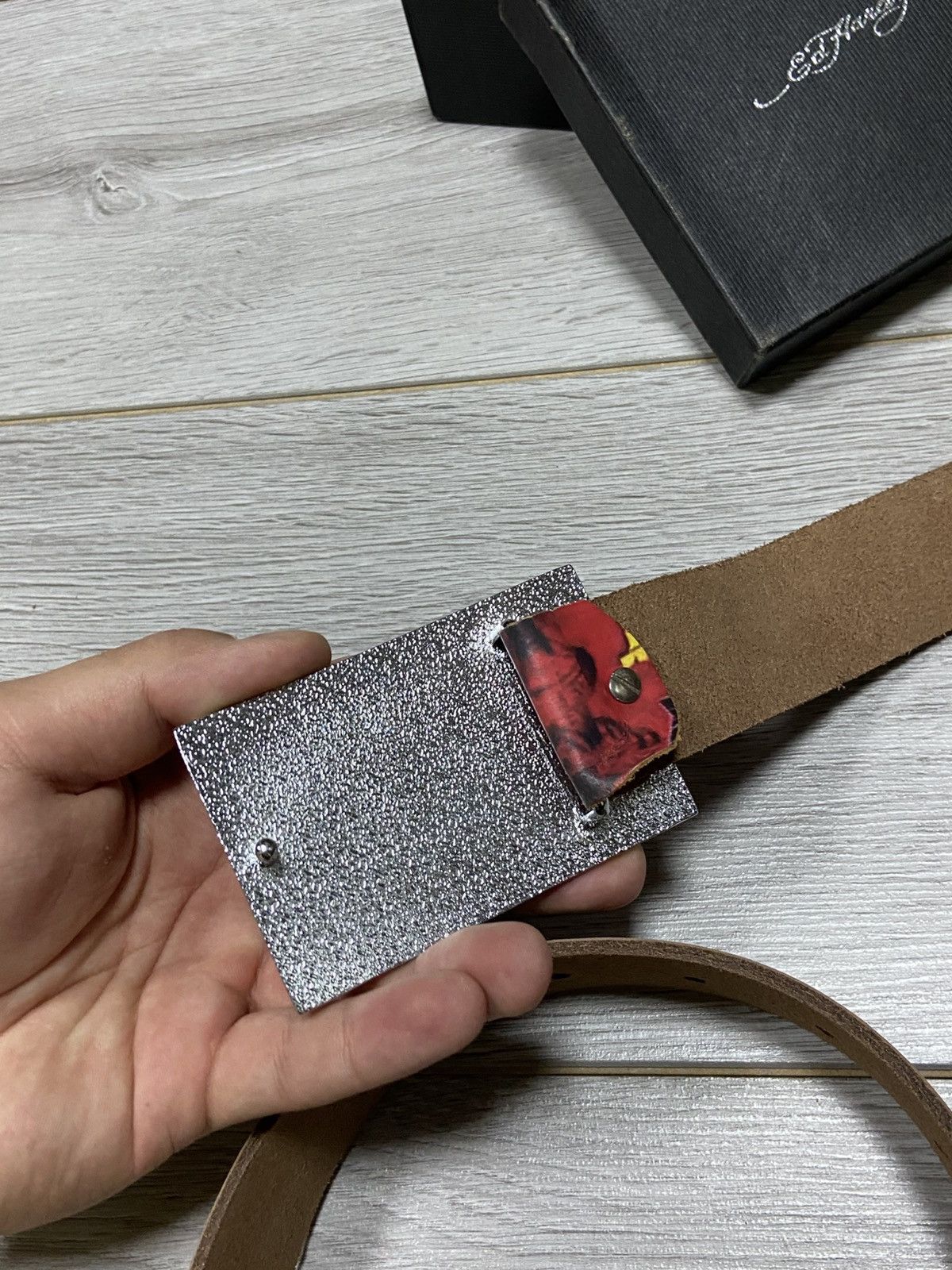 Christian Audigier × Ed Hardy × Vintage Ed Hardy rose 🌹 vintage leather belt over print big buckle Size ONE SIZE - 6 Thumbnail