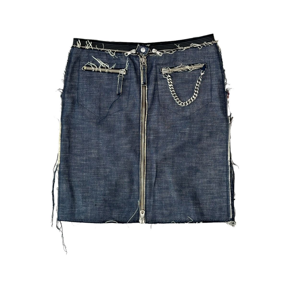 Distressed chain full zip denim skirt