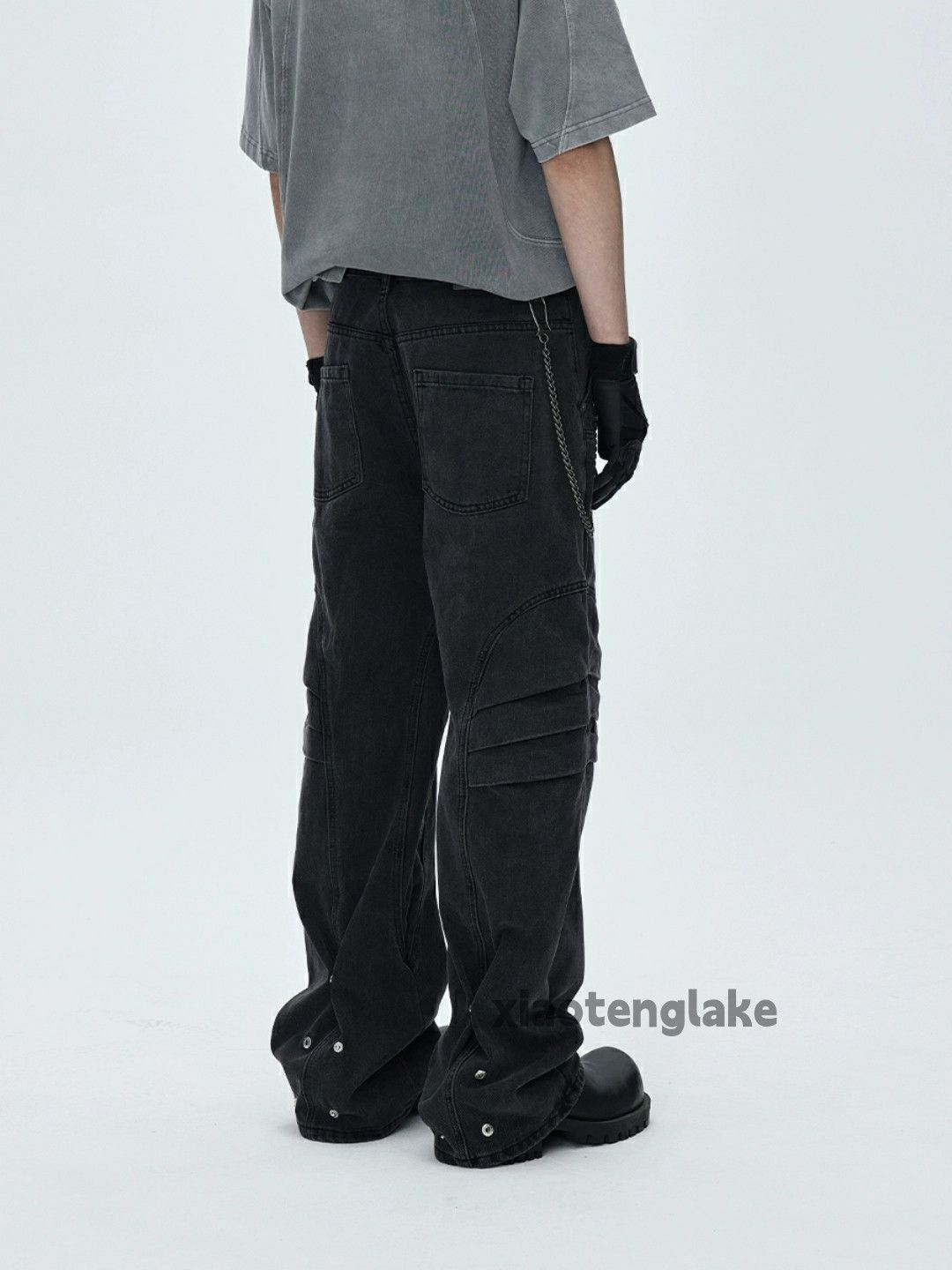 loose biker cargo patchwork washed faded jeans