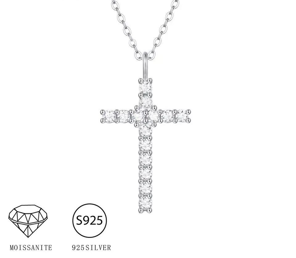 Jewelry 925 Sterling Silver Moissanite Cross Necklace Size ONE SIZE - 2 Thumbnail