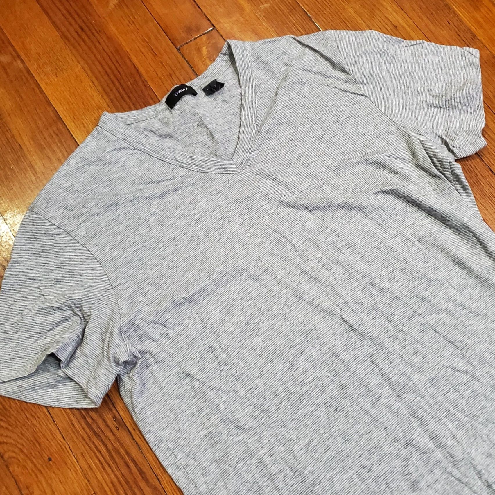 Theory Theory Shirt Mens Large Gray Mini Stripe V Neck Short Sleeve Tee Casual Size US L / EU 52-54 / 3 - 2 Thumbnail