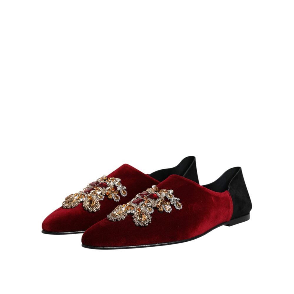 Dolce & Gabbana Dolce & Gabbana Black Red Velvet Embellished Slip On Shoes Size US 12 / EU 45 - 4 Thumbnail