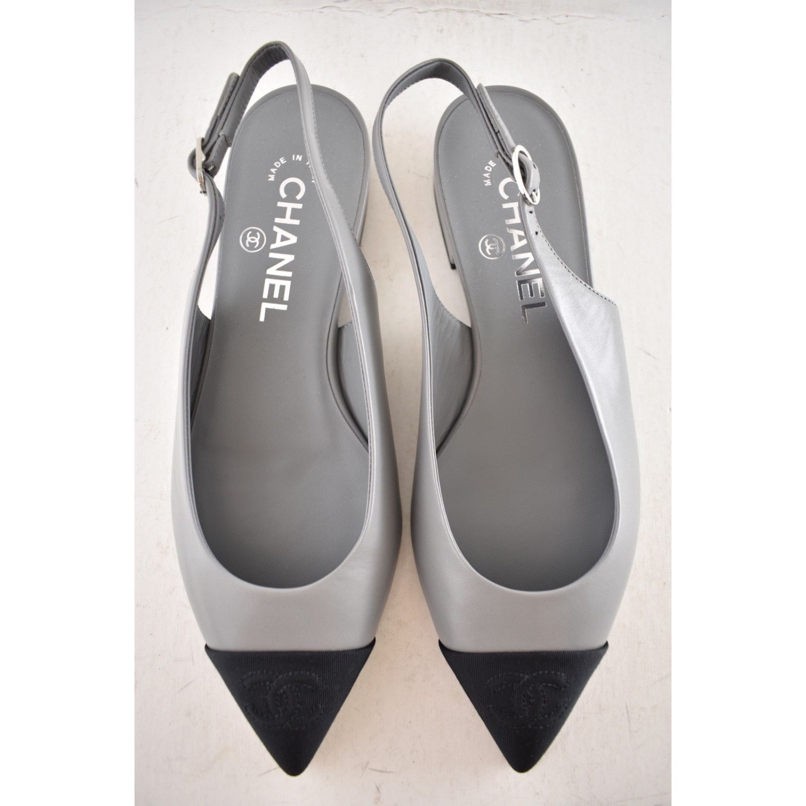 Chanel Chanel 24A Gray Leather Black CC Logo Slingback Flat 36c Size US 5 / IT 35 - 12 Thumbnail