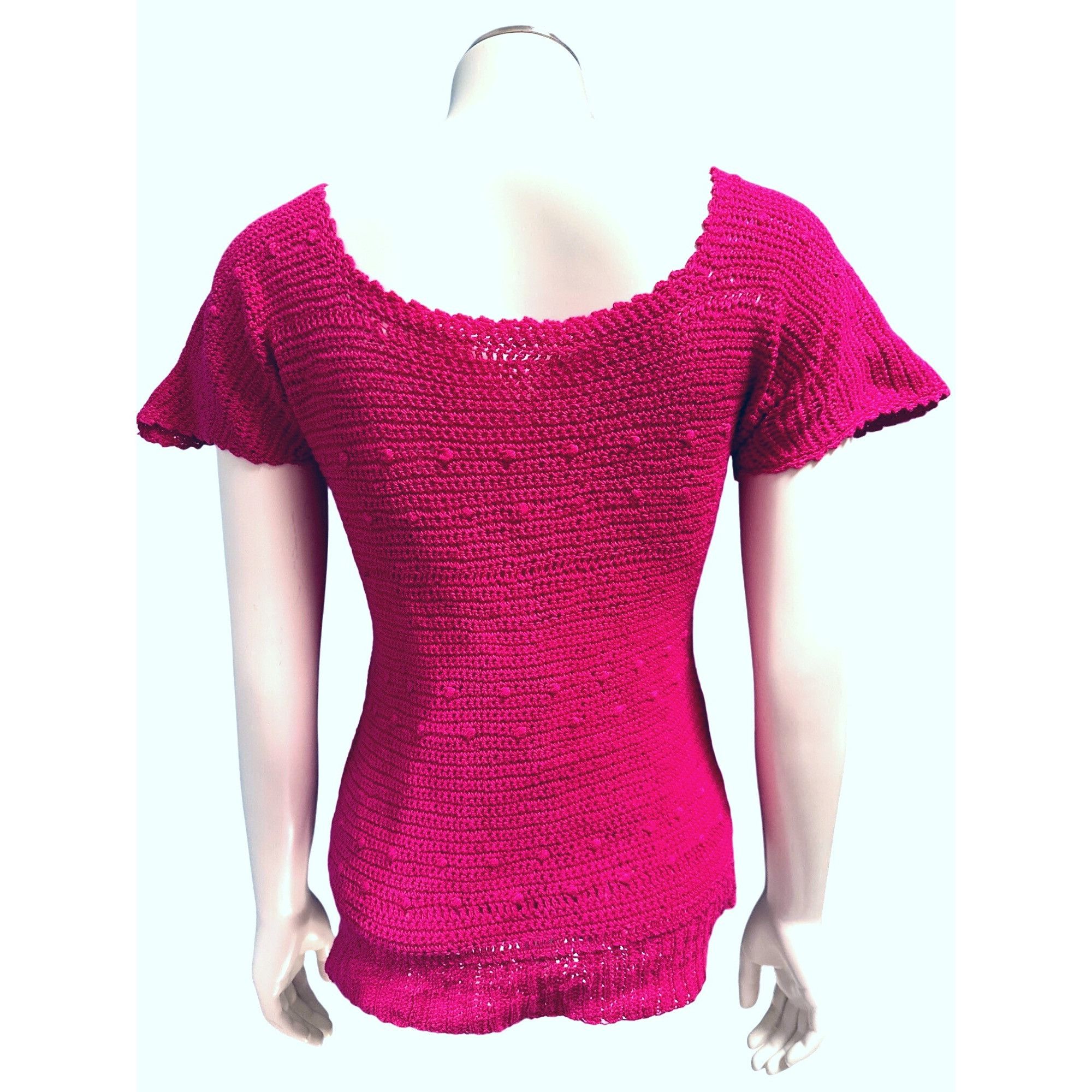 Other CCC Handmade Fuchsia Pink Crochet Knit Short Sleeve Sweater Size M / US 6-8 / IT 42-44 - 3 Thumbnail