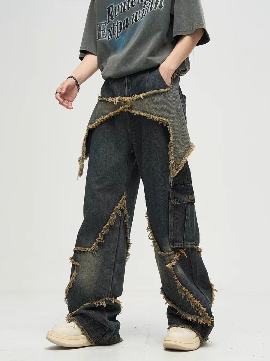 Japanese Brand × Jean Street Raw Edge Pentagram Design Wide Leg Jeans Size US 32 / EU 48 - 2 Thumbnail