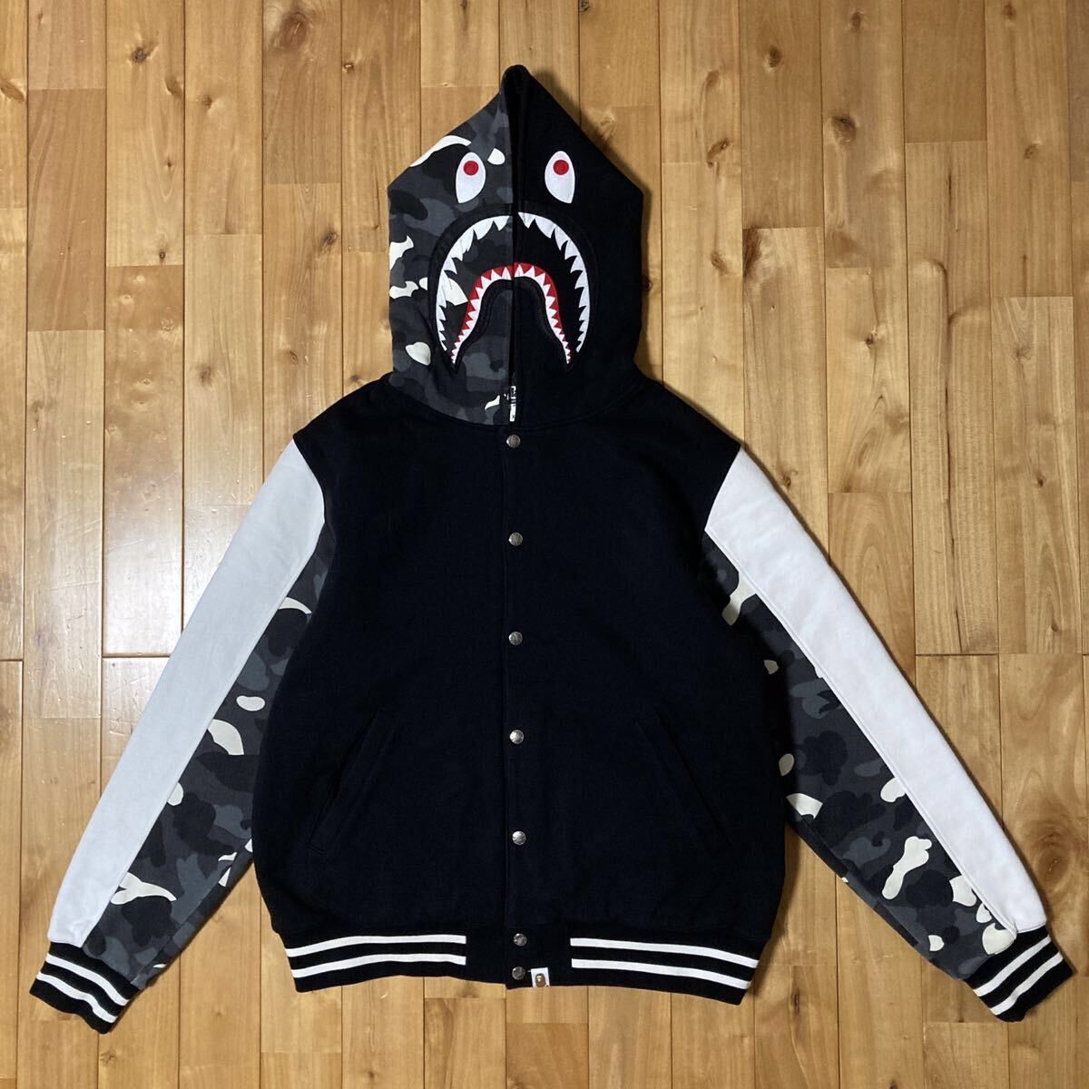 Bape Glow in the dark BAPE City camo shark hoodie varsity jacket Grailed