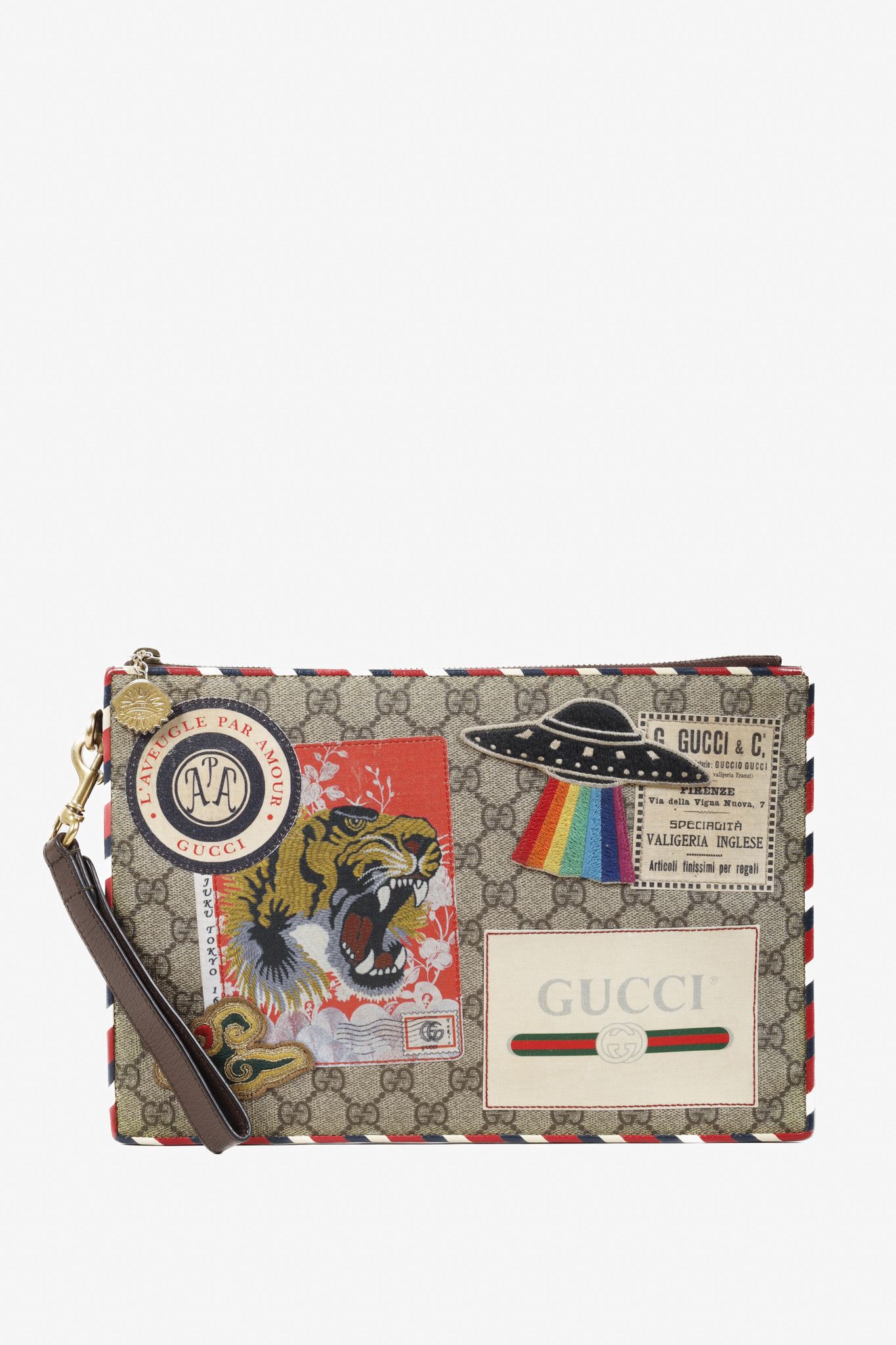 image of Gucci 2018 Cruise GG Supreme Canvas Ufo Patch Clutch in Beige, Women's