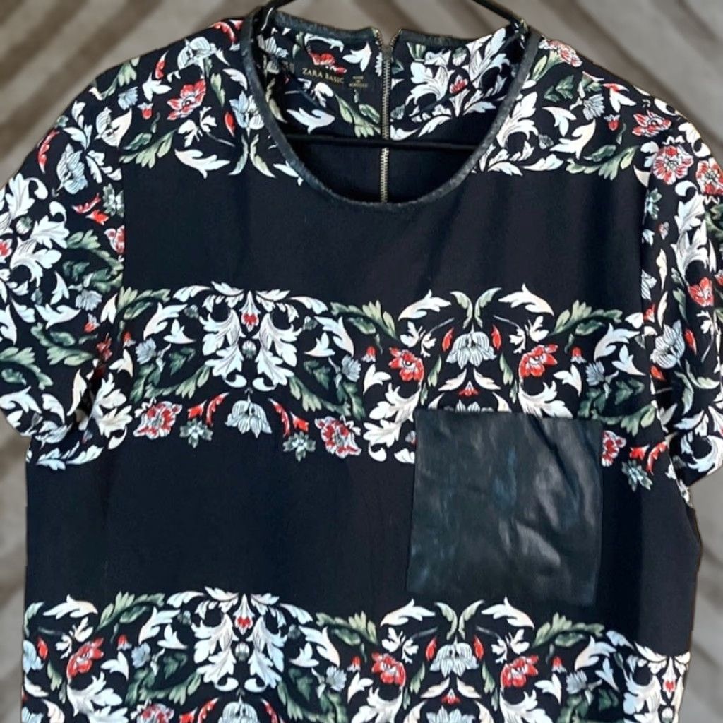 Zara Zara Basic Womens Shirt Black Multi Floral Short Sleeve Zipper Back XL XLarge Size XL / US 12-14 / IT 48-50 - 1 Thumbnail