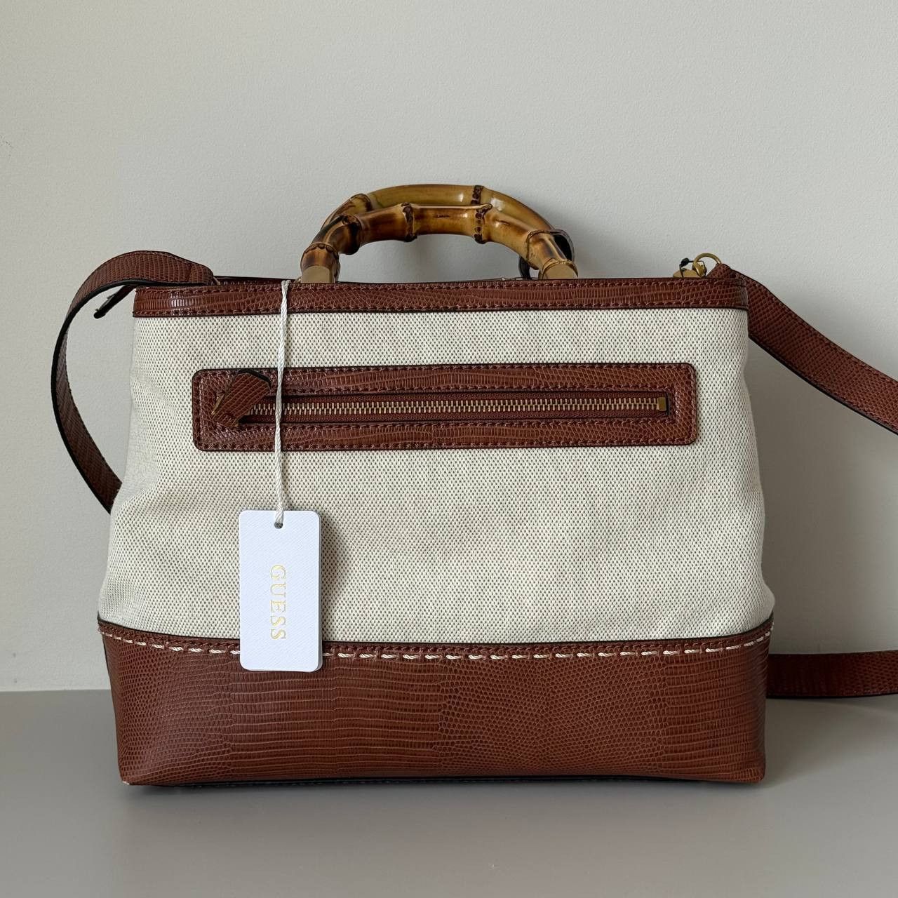Guess Guess Zabry Bamboo Satchel Large Beige Brown Bag New Size ONE SIZE - 3 Thumbnail