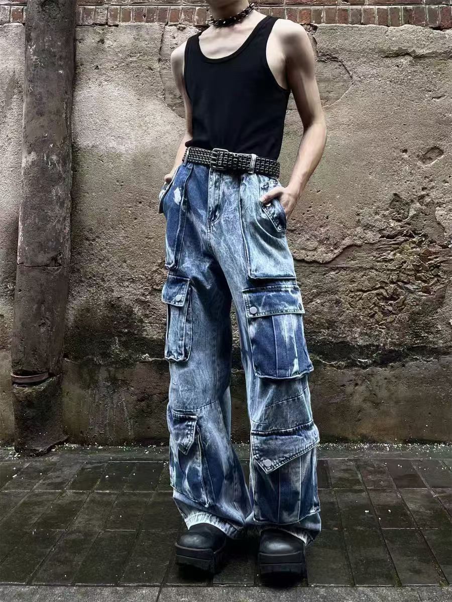 Vintage Multi-Pocket Tie-Dye Gradient Work Jeans