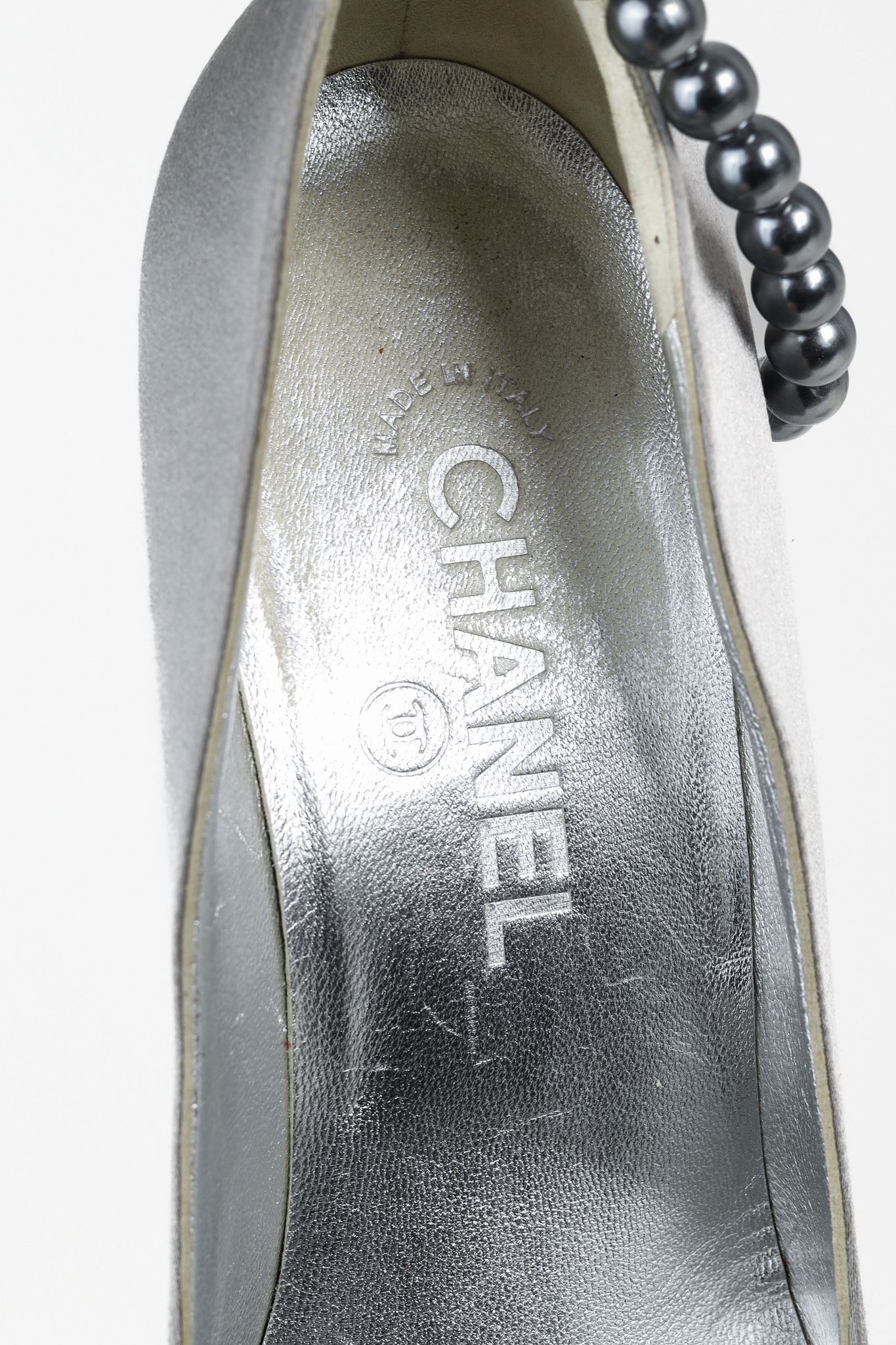 Chanel Chanel Grey Pearl Ankle Satin Pumps Size US 7 / IT 37 - 9 Thumbnail