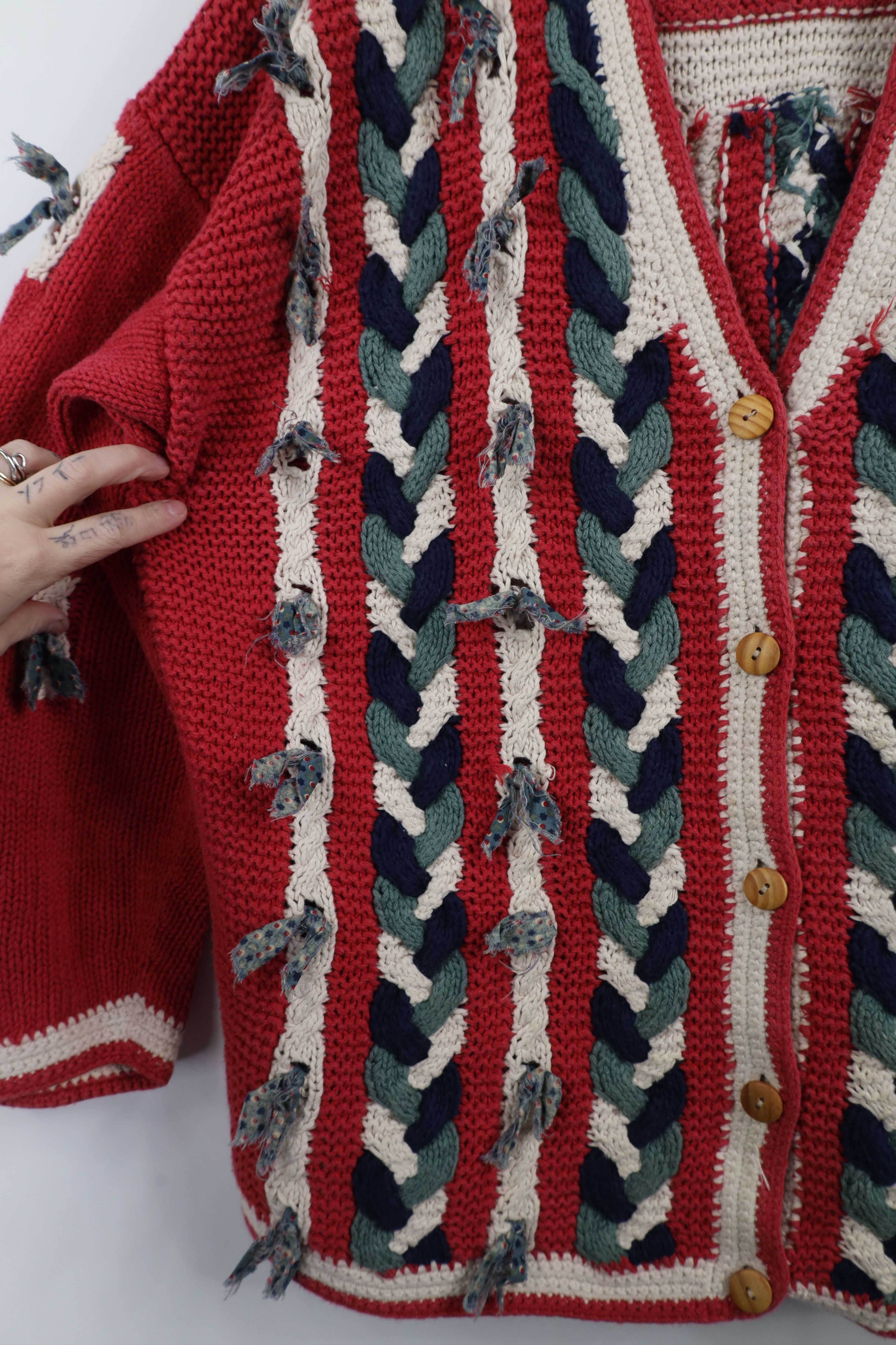 Vintage Vintage 90s Quilt Strip Fringed Chunky Knit Cardigan Sweater Size XL / US 12-14 / IT 48-50 - 5 Thumbnail