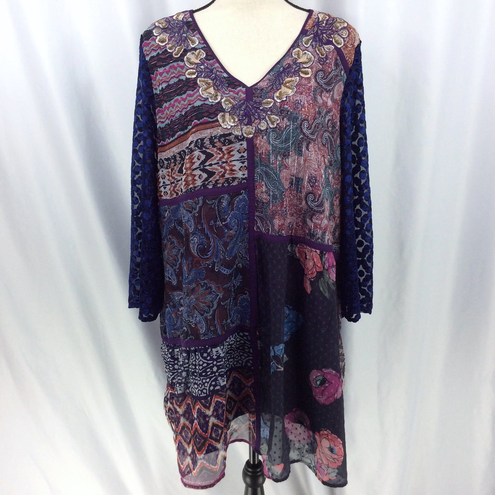 Other Soft Surroundings Patchwork Tunic Top Mini Dress Embroidered Size L / US 10 / IT 46 - 2 Preview