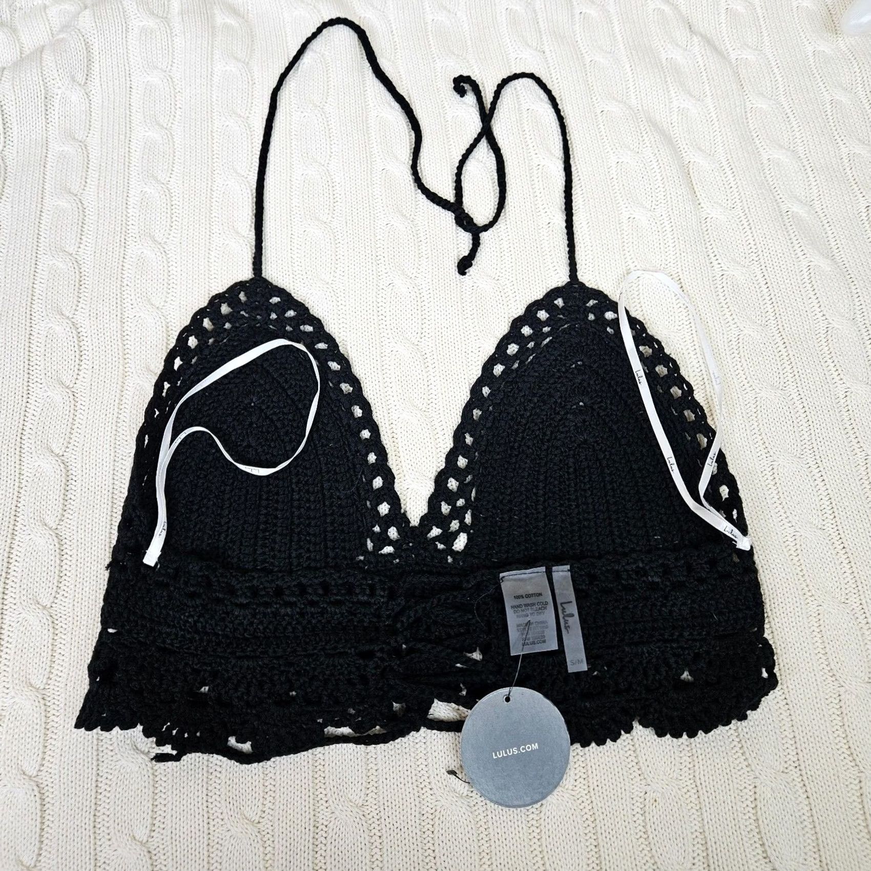 Lulus LULU'S Women Cropped Top Beach Crochet Black S/M Summer V-Neck Tie Sleeveless Size S / US 4 / IT 40 - 2 Thumbnail