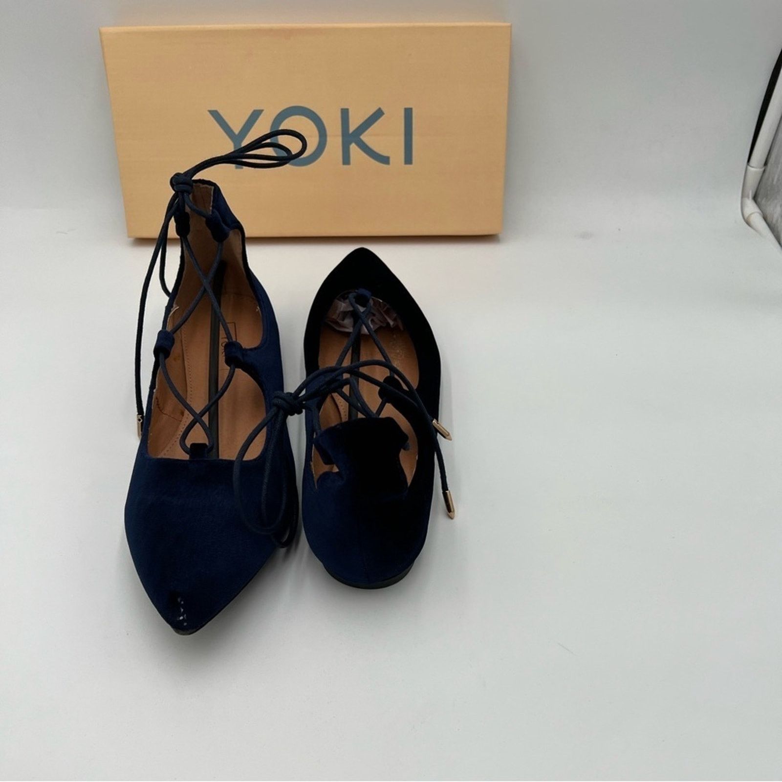 Other Yoki Women's Navy Blue Velvet Ballerina Ankle Lace Size US 7.5 / IT 37.5 - 9 Thumbnail