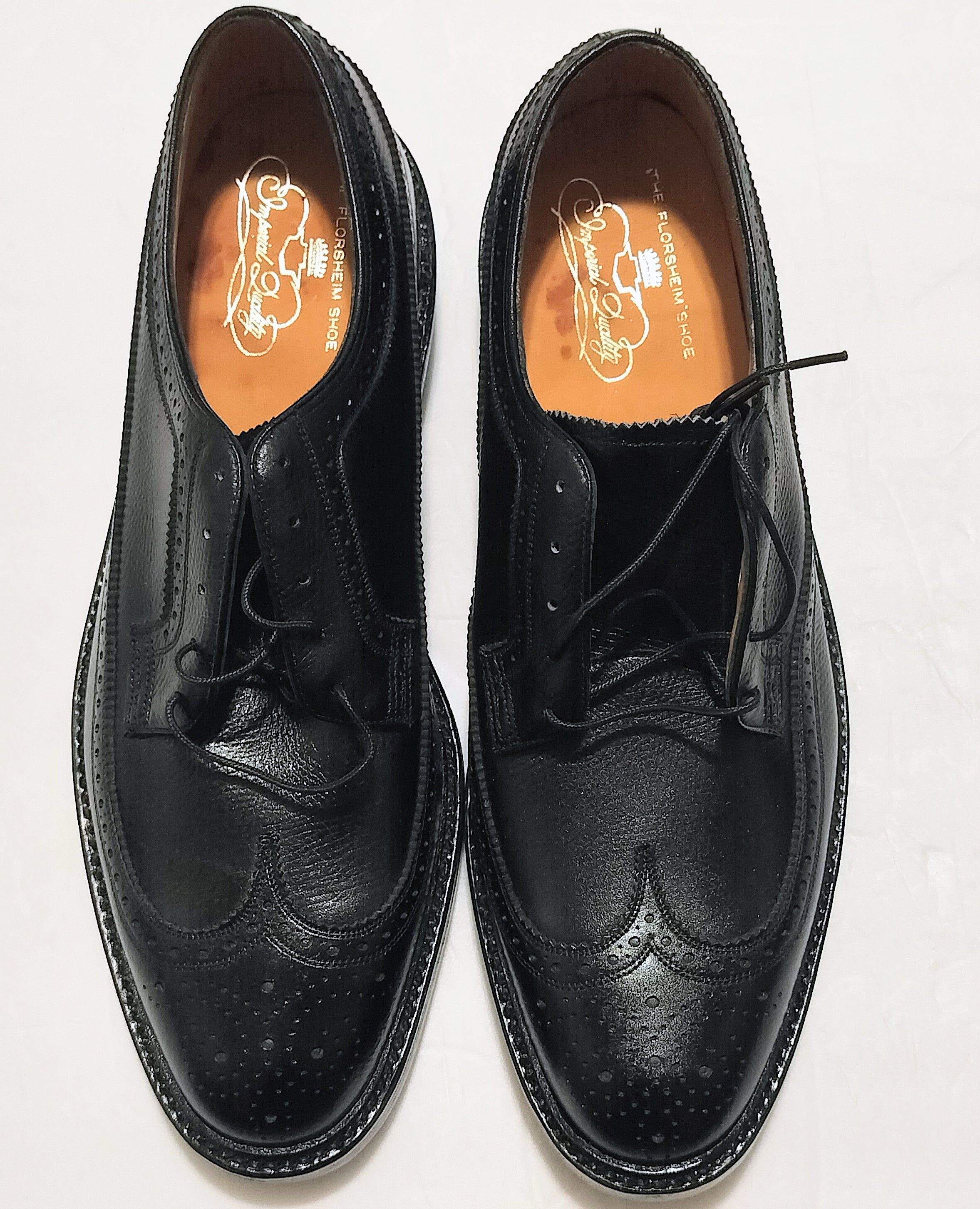 Florsheim Imperial 92604 Kenmoor Black Longwing Wingtips 10.5 D 1960s FLORSHEIM Imperial Black Scotch Grain Leather Wingtips  main image 3