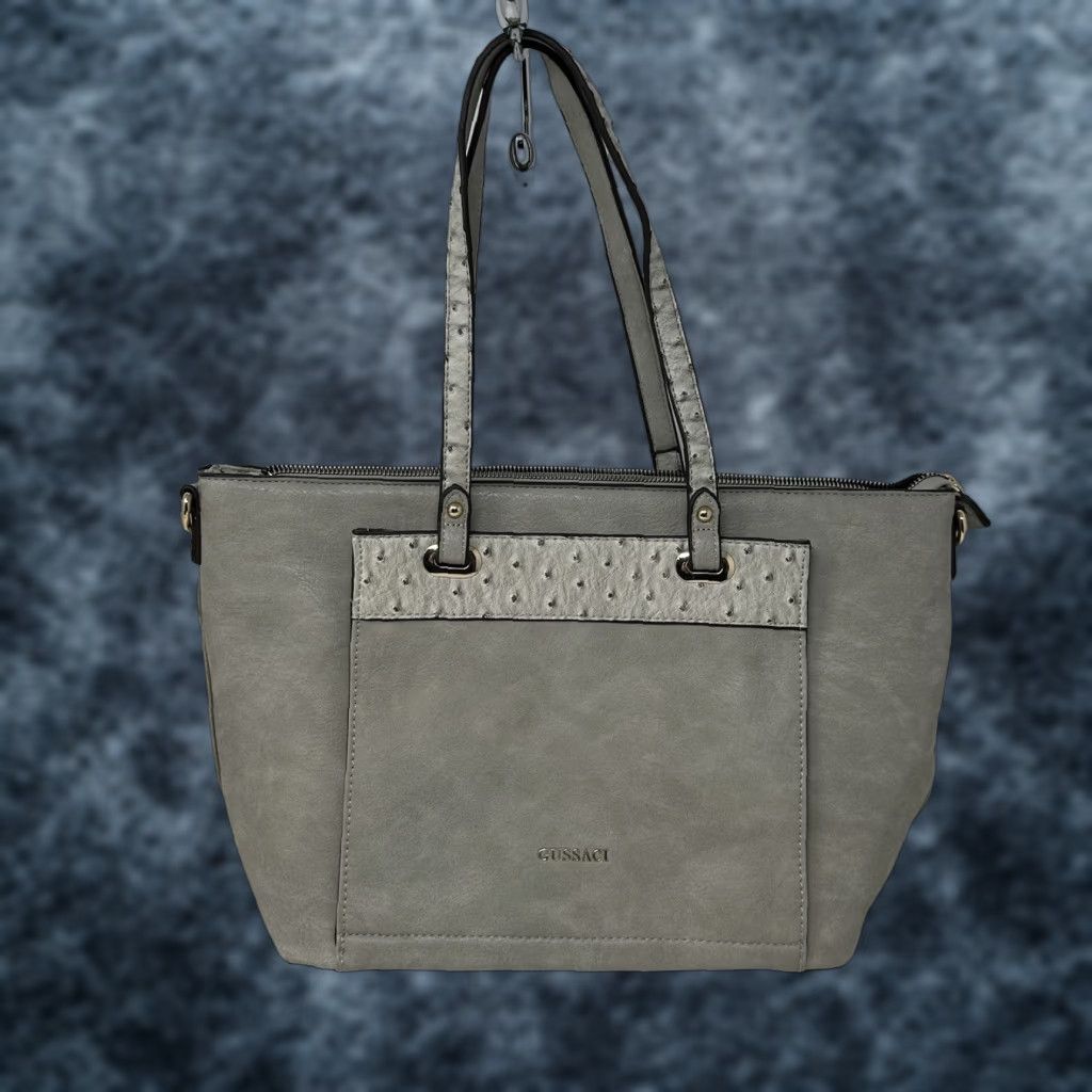 Vintage Gussaci Shoulder Bag Womens Gray Leather Ostrich Trim Crossbody Strap Classic Large Size ONE SIZE - 1 Thumbnail