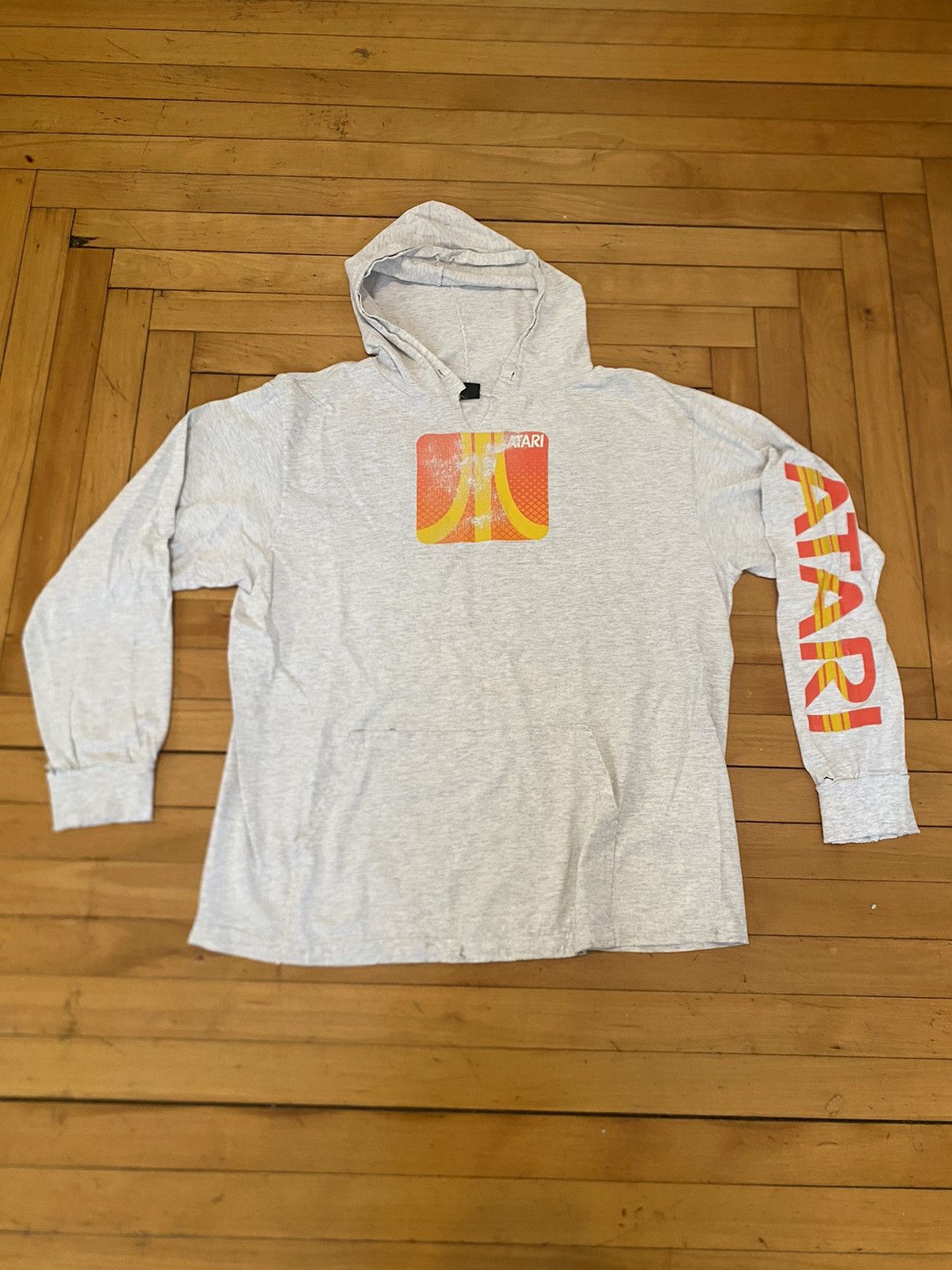 image of Vintage 90's Atari Hooded Long Sleeve Shirt in Grey, Men's (Size XL)