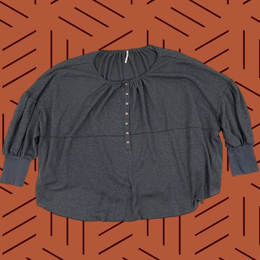 Free People Free People Marla Blouse Women XL Oversized Gray Henley Popover Puff Ribbed Boho Size XL / US 12-14 / IT 48-50 - 1 Thumbnail