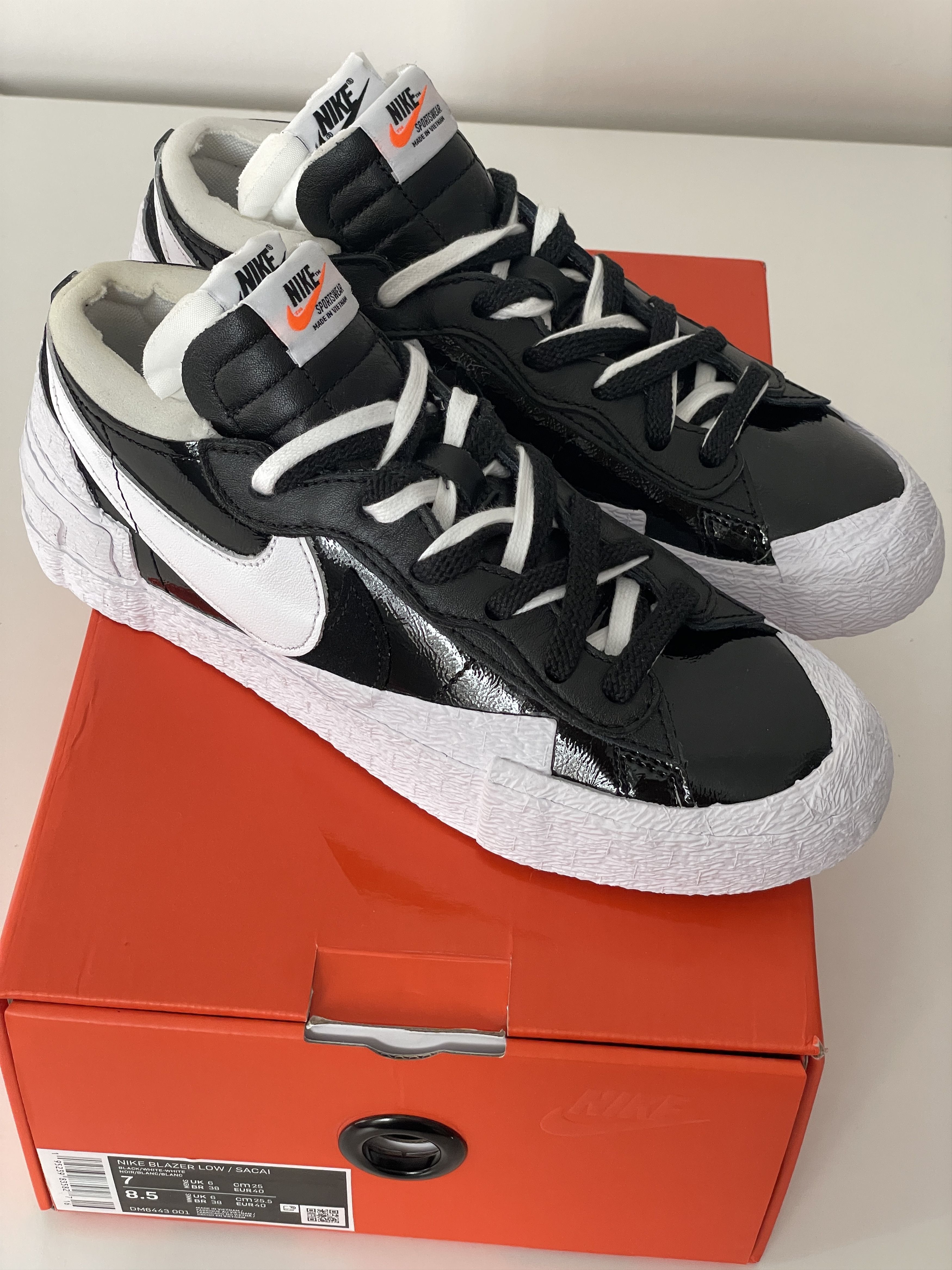 Size 7 - Nike Blazer Low x Sacai Shiny Black White
