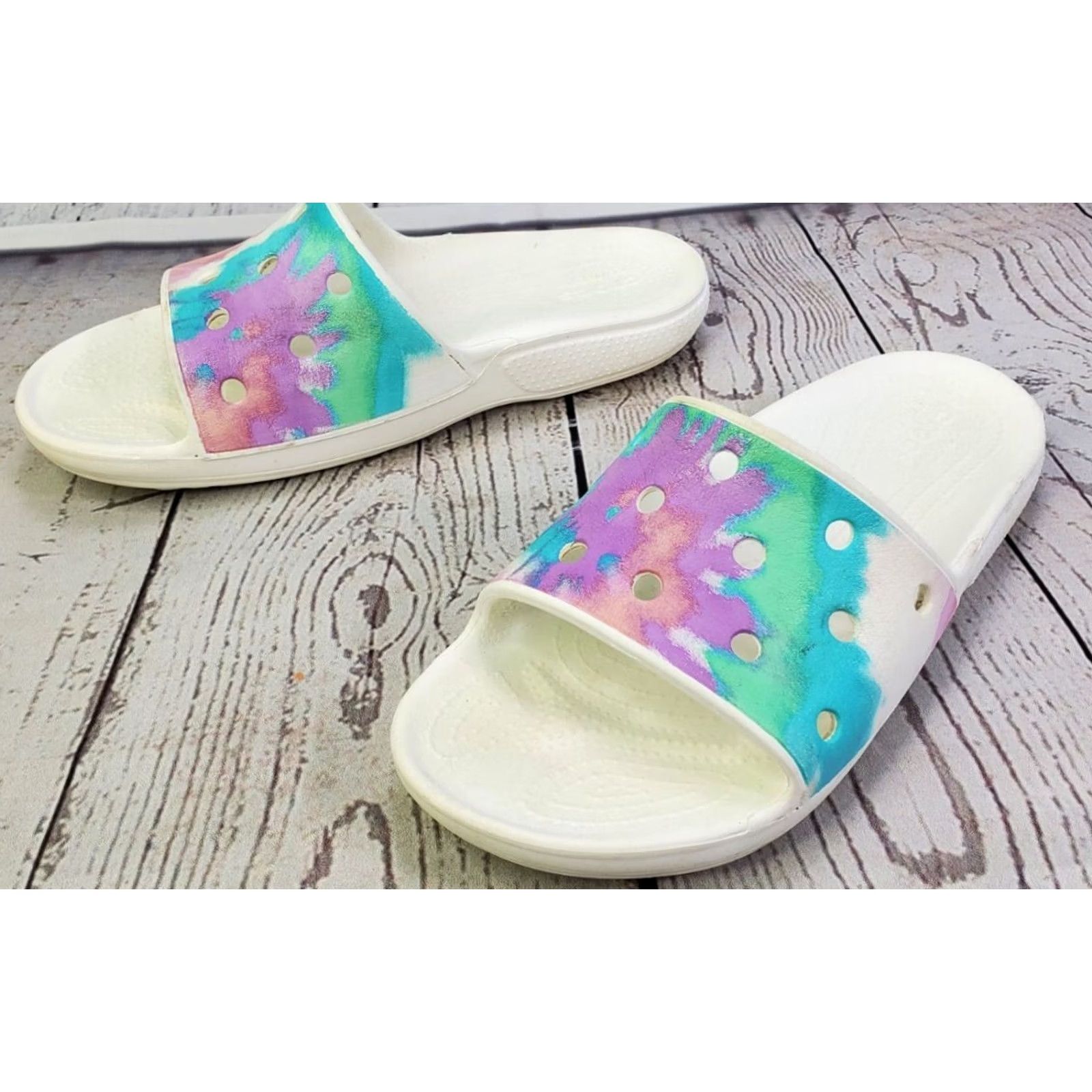 Crocs Crocs Classic Slip-On Slides Women 11 White Multicolor Comfortable Sandals Size US 11 / IT 41 - 6 Thumbnail