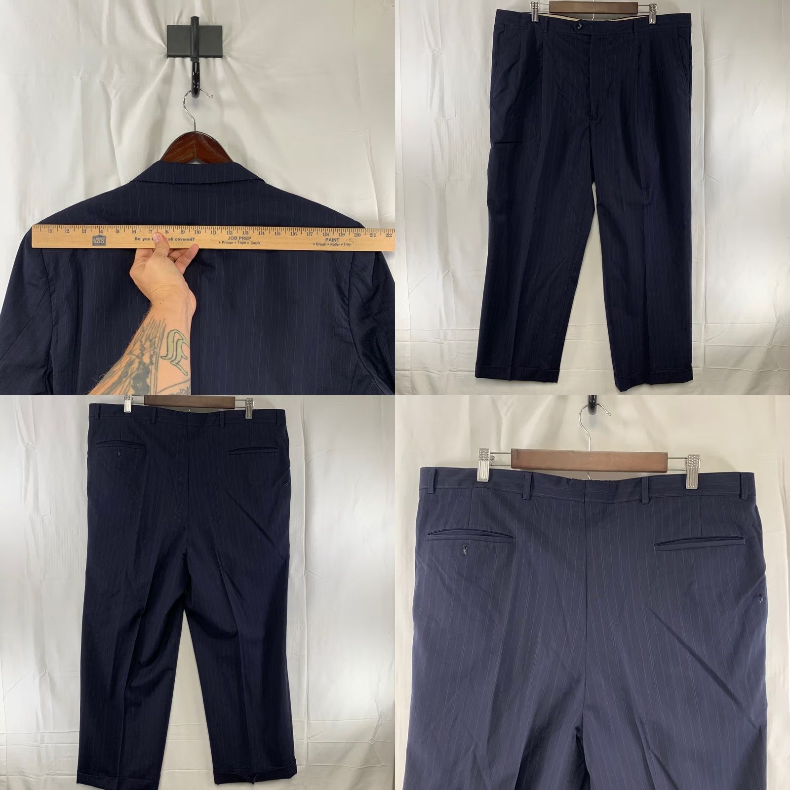 Vintage VINTAGE Hickey Freeman Suit Mens 48R 40x28 Navy Blue Pinstripe 2-Button Pleated Cuffed Size 48R - 9 Thumbnail