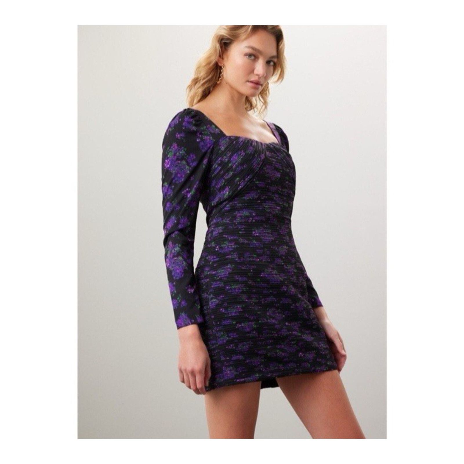Amur Amur Giulia Black Purple Pleated Floral Print L/S Mini 0 Size XS / US 0-2 / IT 36-38 - 1 Thumbnail
