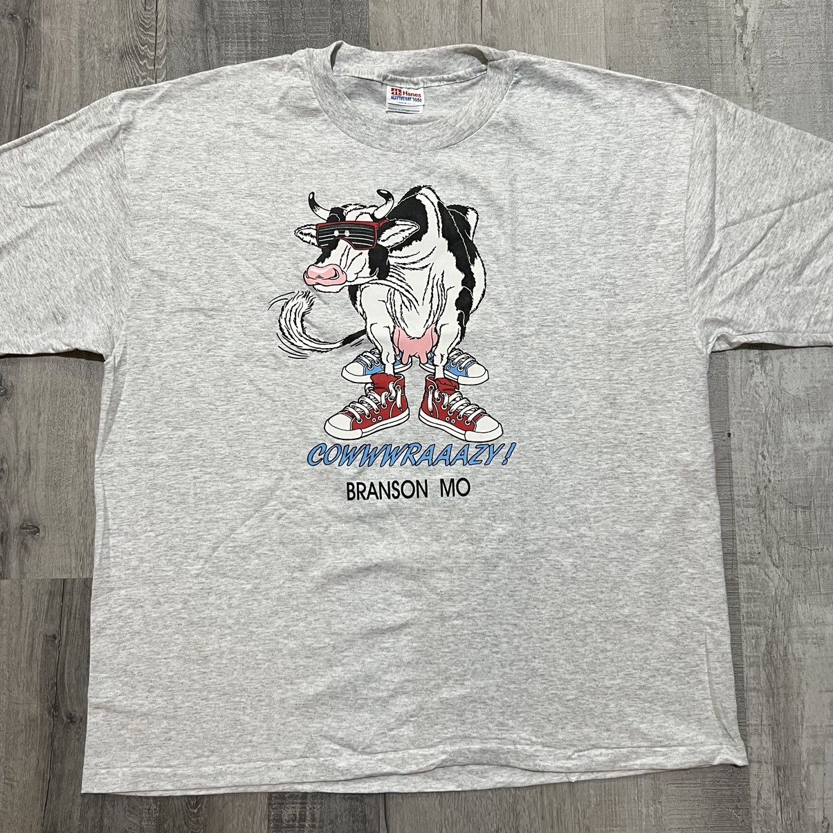 Hanes × Vintage VTG Branson Missouri Cowwwraazy 90s Grey Cow Travel T Shirt Size US XL / EU 56 / 4 - 1 Thumbnail
