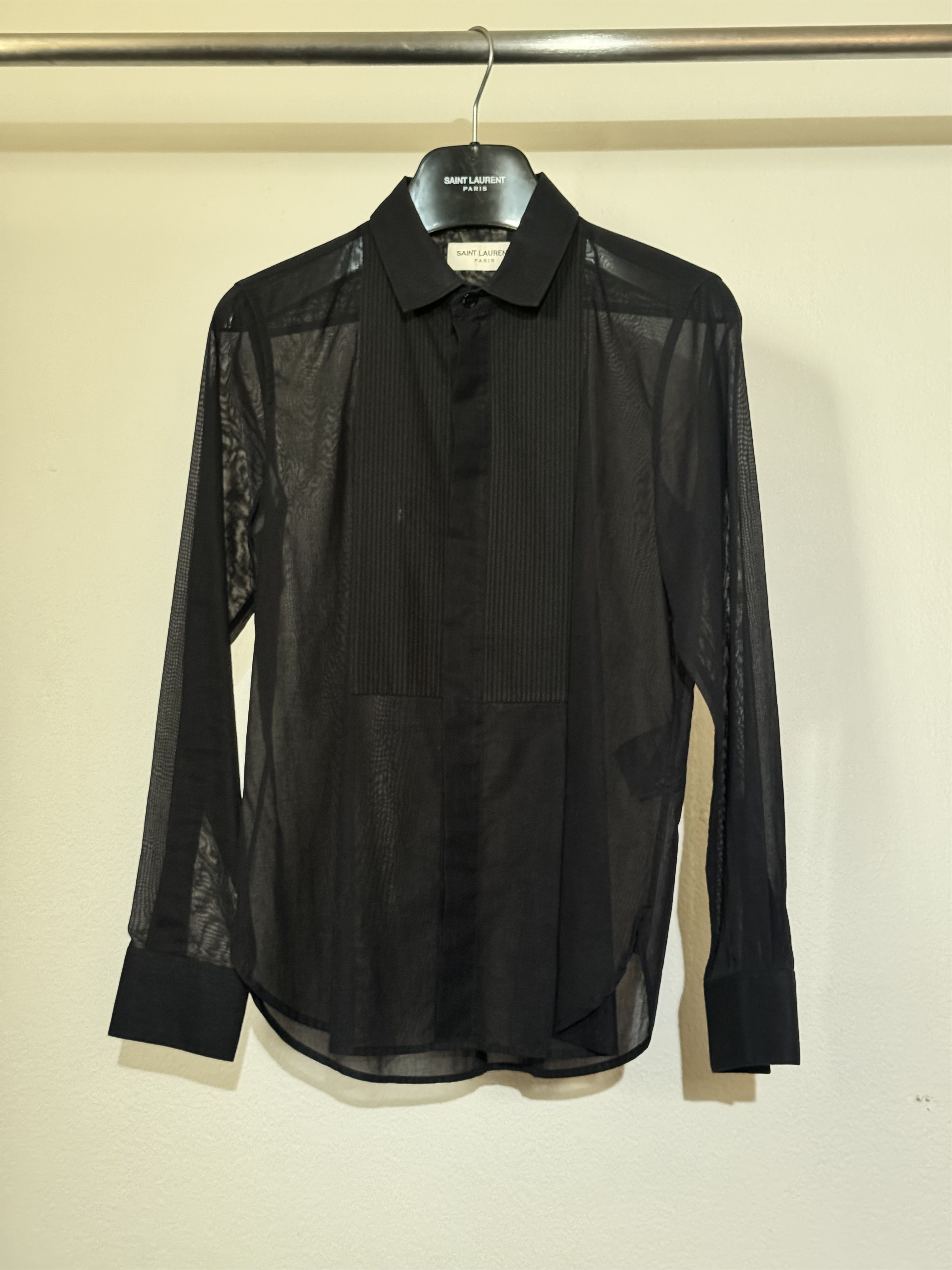 2013 Hedi Slimane Black semi-sheer shirt with pintuck bib