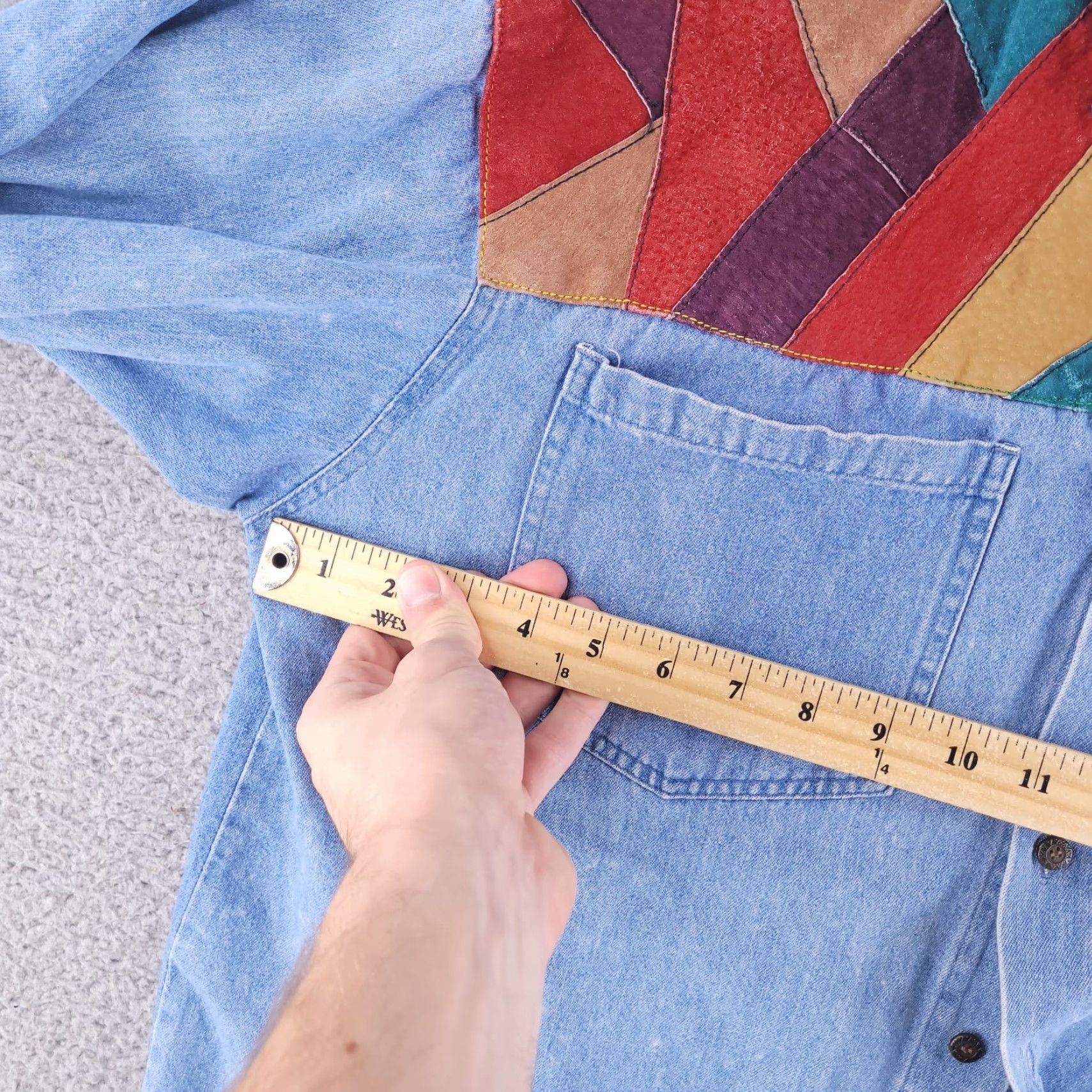 Denime VINTAGE Dont Stop Shirt Mens Medium Blue Denim Jean Long Sleeve Button Leather Patch Geo 70s Cowboy Hippie Hipster Motorcycle Outdoor Tribal Western"} Size US M / EU 48-50 / 2 - 6 Thumbnail