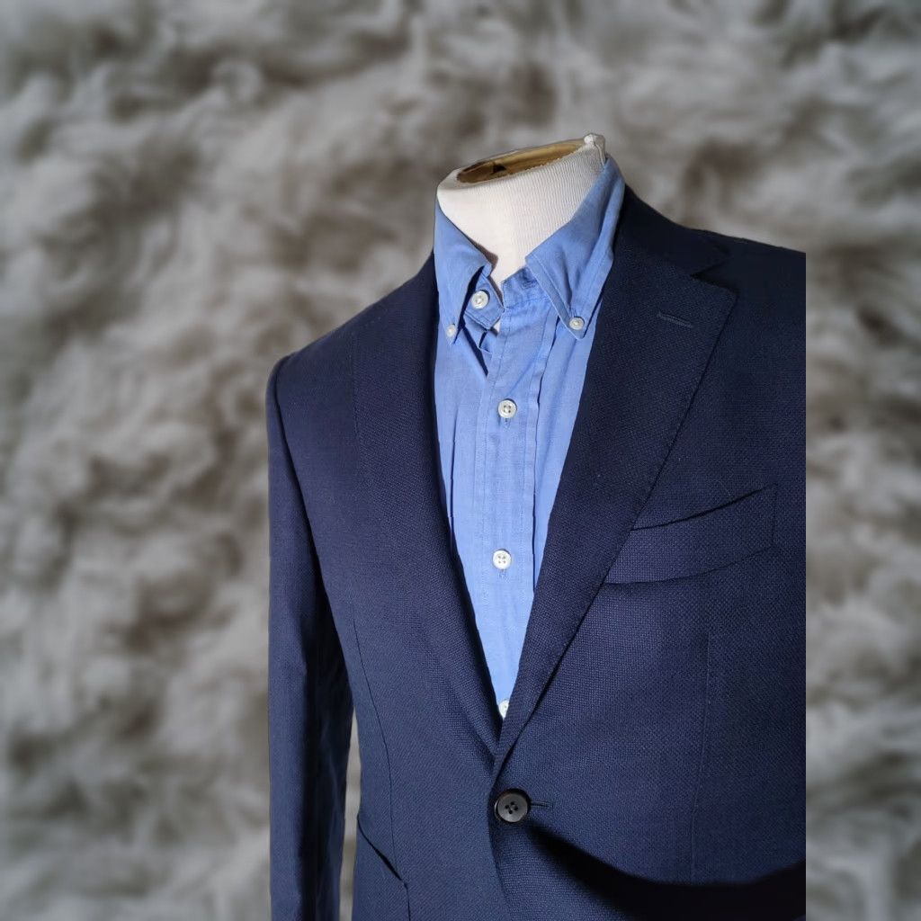 Suitsupply Suitsupply VBC Barberis Hopsack Wool Blazer Jacket Coat 38R Slim Navy Blue Check Two Button Single-Breasted Mens Blazer Size 38R - 1 Thumbnail
