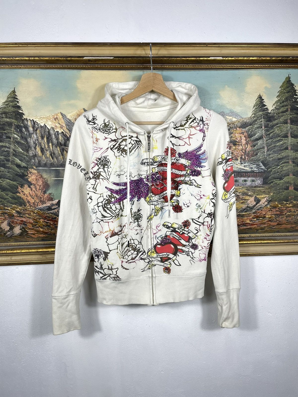 Christian Audigier × Ed Hardy × Vintage Retro 00s Ed Hardy Vibe Hoodie Crystals Affliction Grunge Size US XS / EU 42 / 0 - 1 Thumbnail