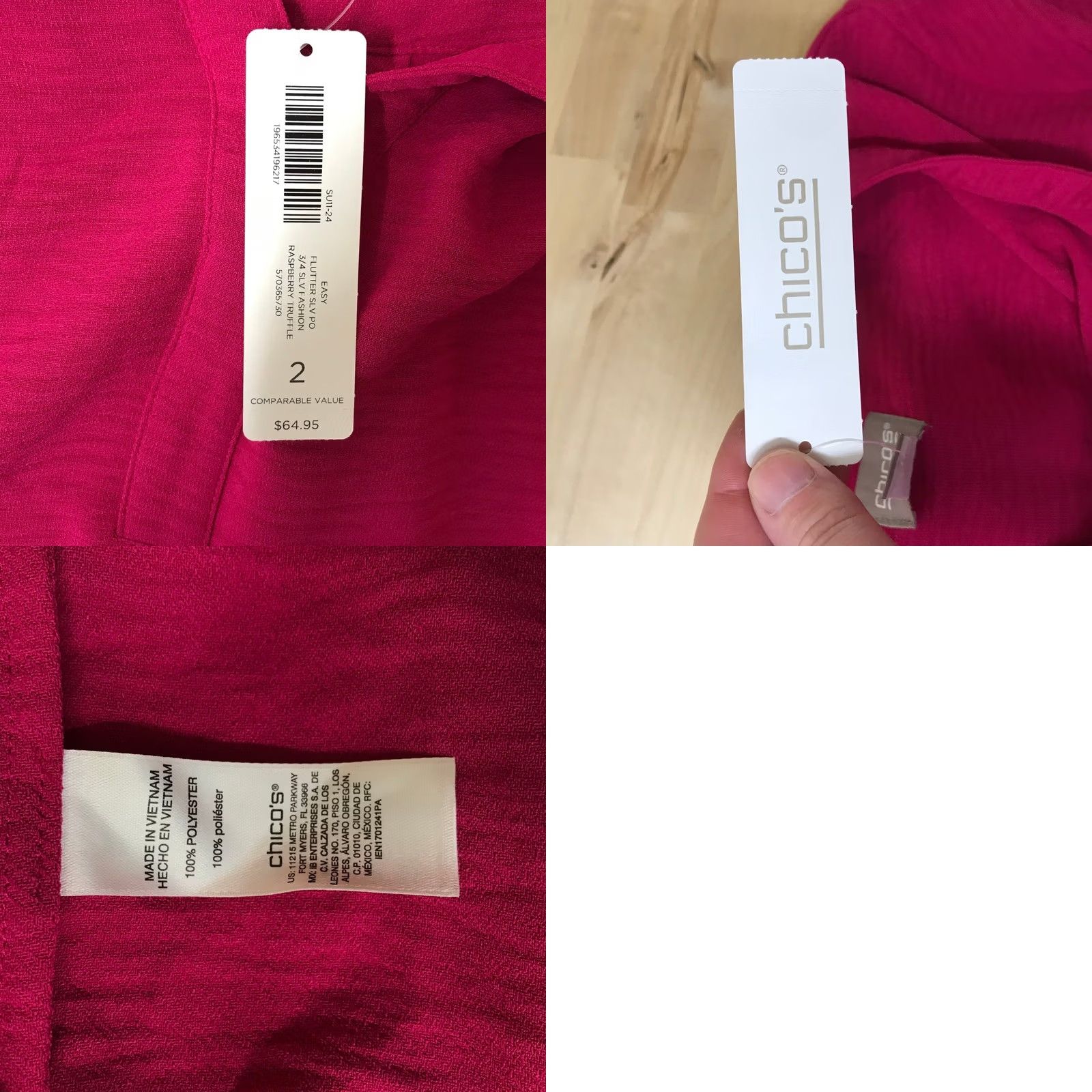 Vintage Chicos Blouse V-Neck Flutter Sleeve 3/4 Size 2 Womens Pink Raspberry Truffle Knit Pullover Size XS / US 0-2 / IT 36-38 - 8 Thumbnail