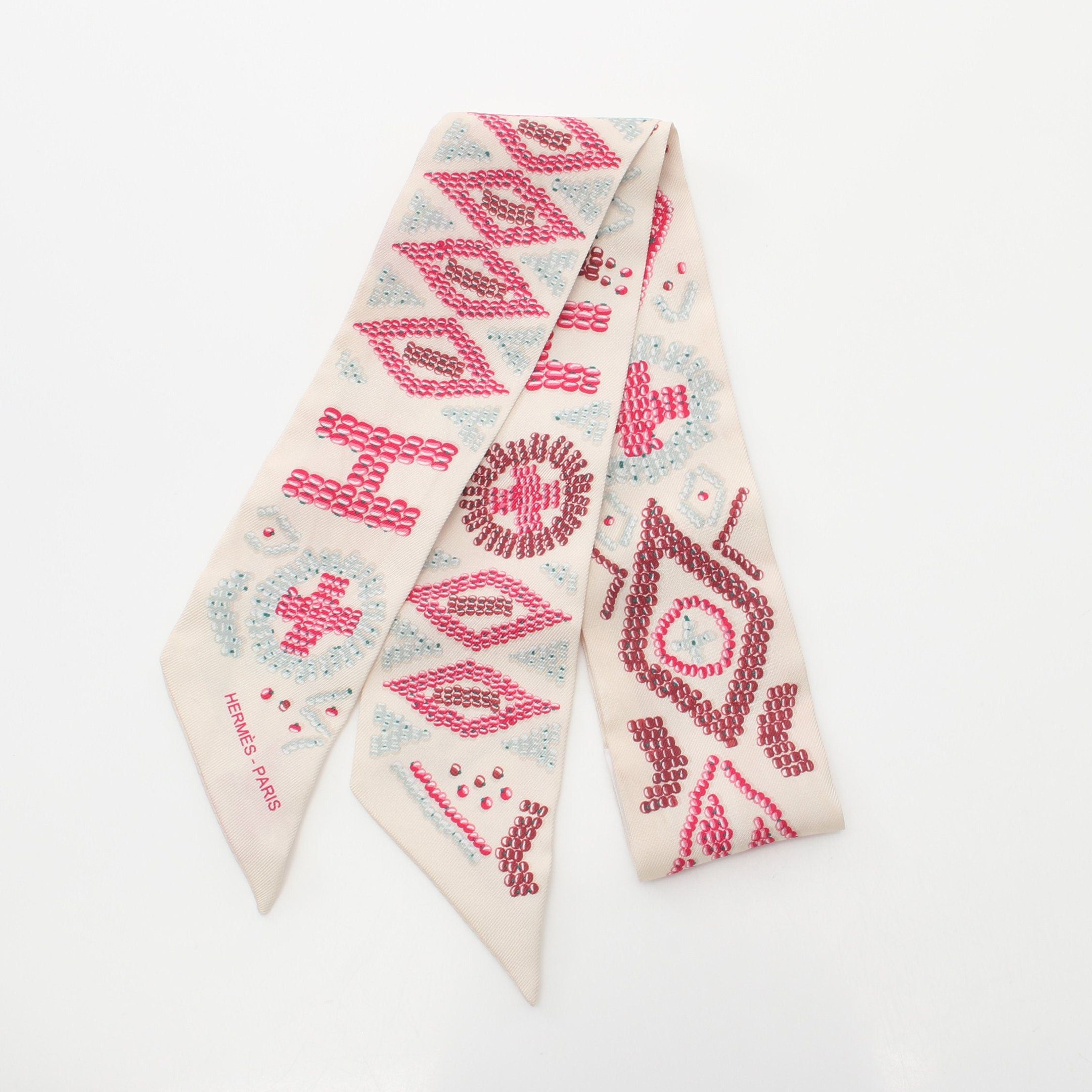 Hermes Hermes Twilly Kelly En Perles Ribbon Scarf Silk Ivory Multicolor Size ONE SIZE - 1 Thumbnail